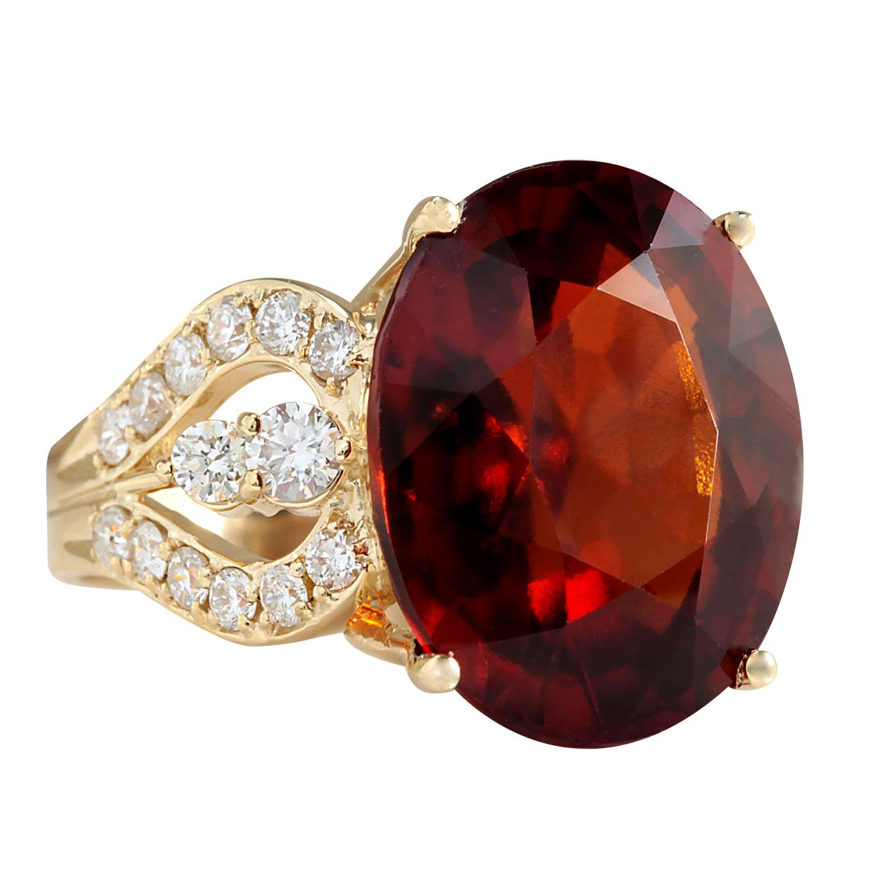 Stamped: 18K Yellow Gold<br />Total Ring Weight: 11.2 Grams<br />Ring Length: N/A<br />Ring Width: N/A<br />Gemstone Weight: Total  Hessonite Garnet Weight is 18.48 Carat (Measures: 18.05x14.67 mm)<br />Color: Red<br />Diamond Weight: Total  Diamond