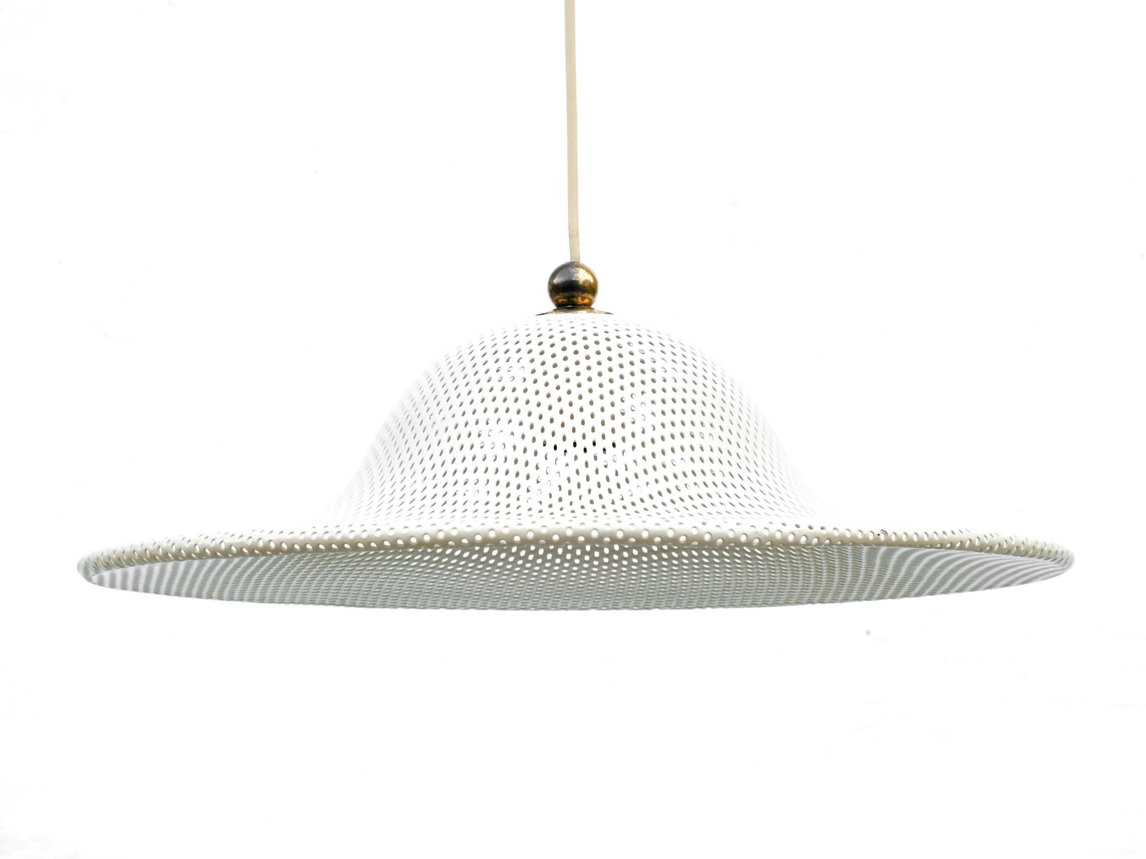 Design in year '58 ceiling lamp for Artimeta Soest Holland

 lamp is in perforated metal lacquered white-cream in perfect condition

 measure height 30 inches, diameter 18