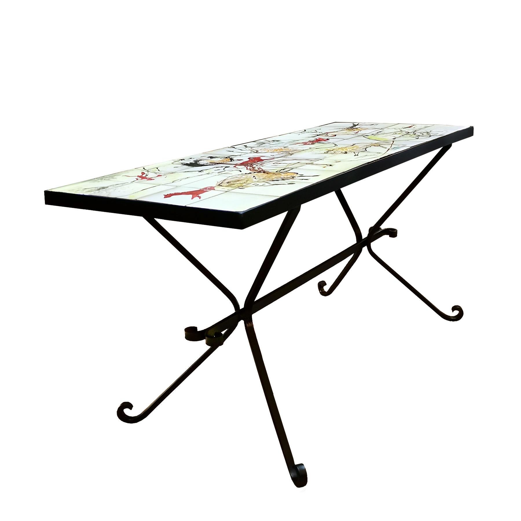 Coffee table in wrought iron, hand painted ceramic tiles.
Signed: Gres Guérin - Belgique 1958.

Belgique, 1958.