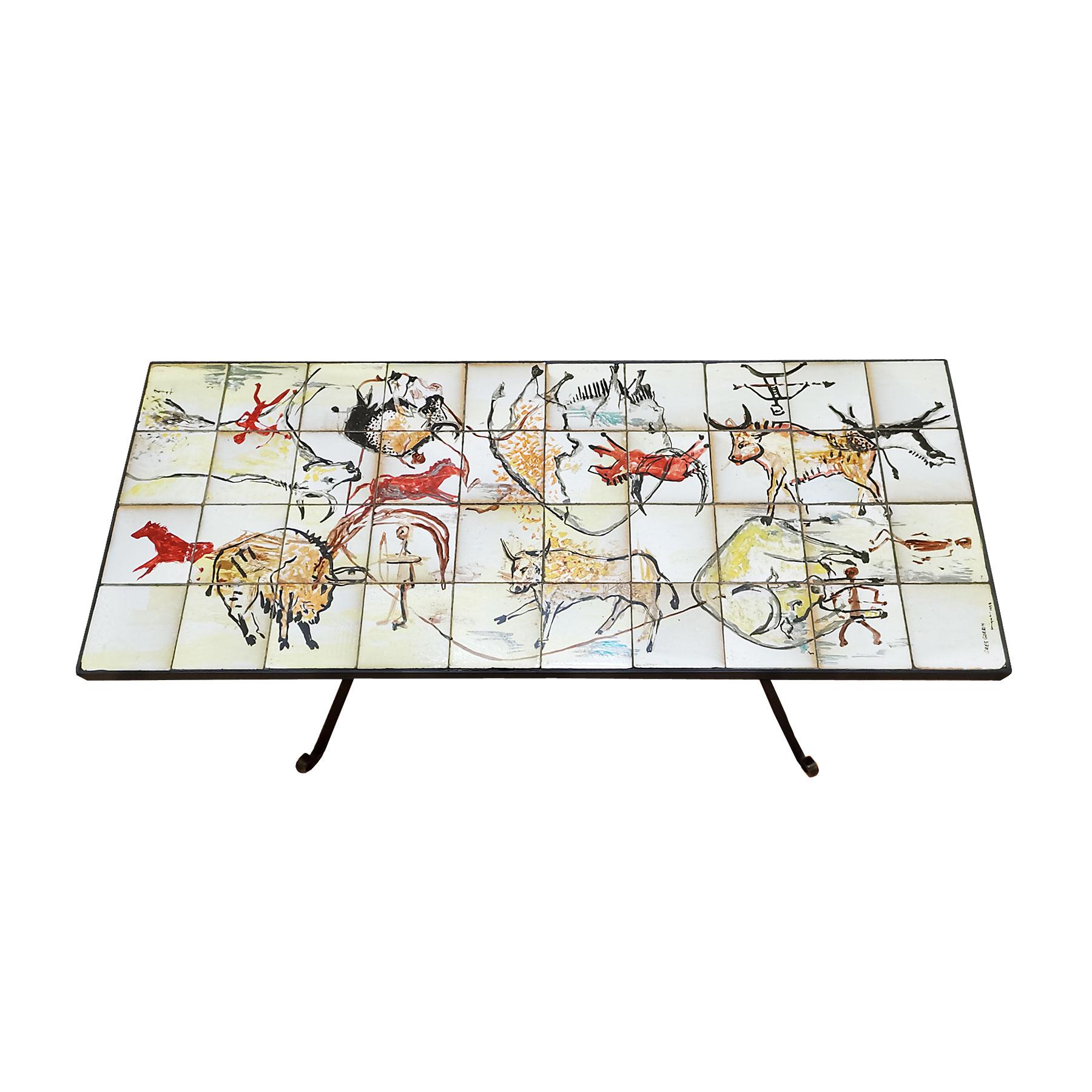 Belgian Mid-Century Modern Coffee Table With Hand Painted Ceramic by Guérin - Belgium For Sale