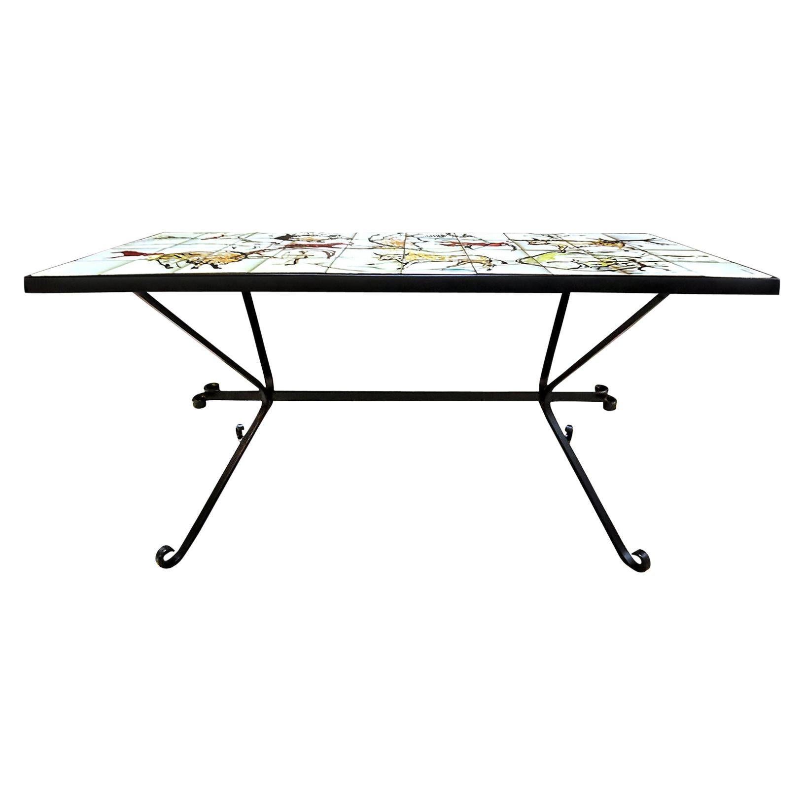 Mid-Century Modern Coffee Table With Hand Painted Ceramic by Guérin - Belgium For Sale
