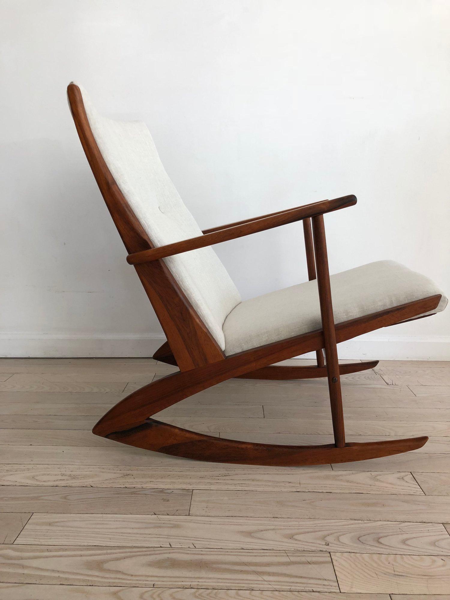 Mid-Century Modern 1958 Danish Rosewood Rocking Chair by Holger George Jensen Grey Linen For Sale
