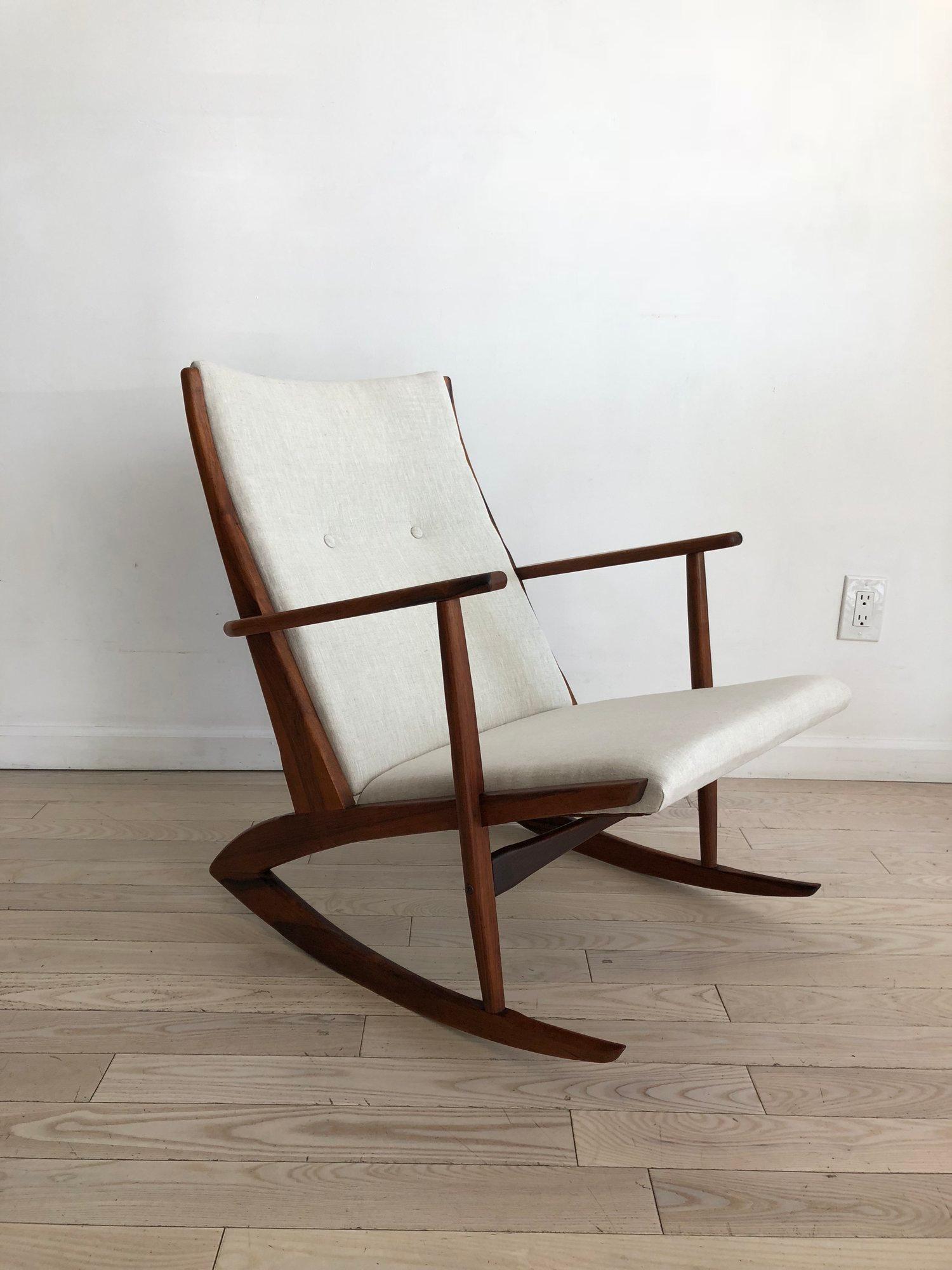 1958 Danish Rosewood Rocking Chair by Holger George Jensen Grey Linen In Excellent Condition For Sale In Brooklyn, NY