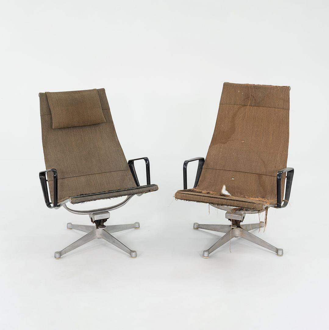 This is an Eames Aluminum Group lounge chair and coordinating ottoman, model 682, initially designed by Charles and Ray Eames for Herman Miller in 1958. This early set dates to around the same time, as evidenced by its remaining brown Saran