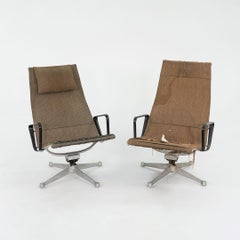 1958 Eames Aluminum Group Lounge Chair and Ottoman in Rare Saran Fabric