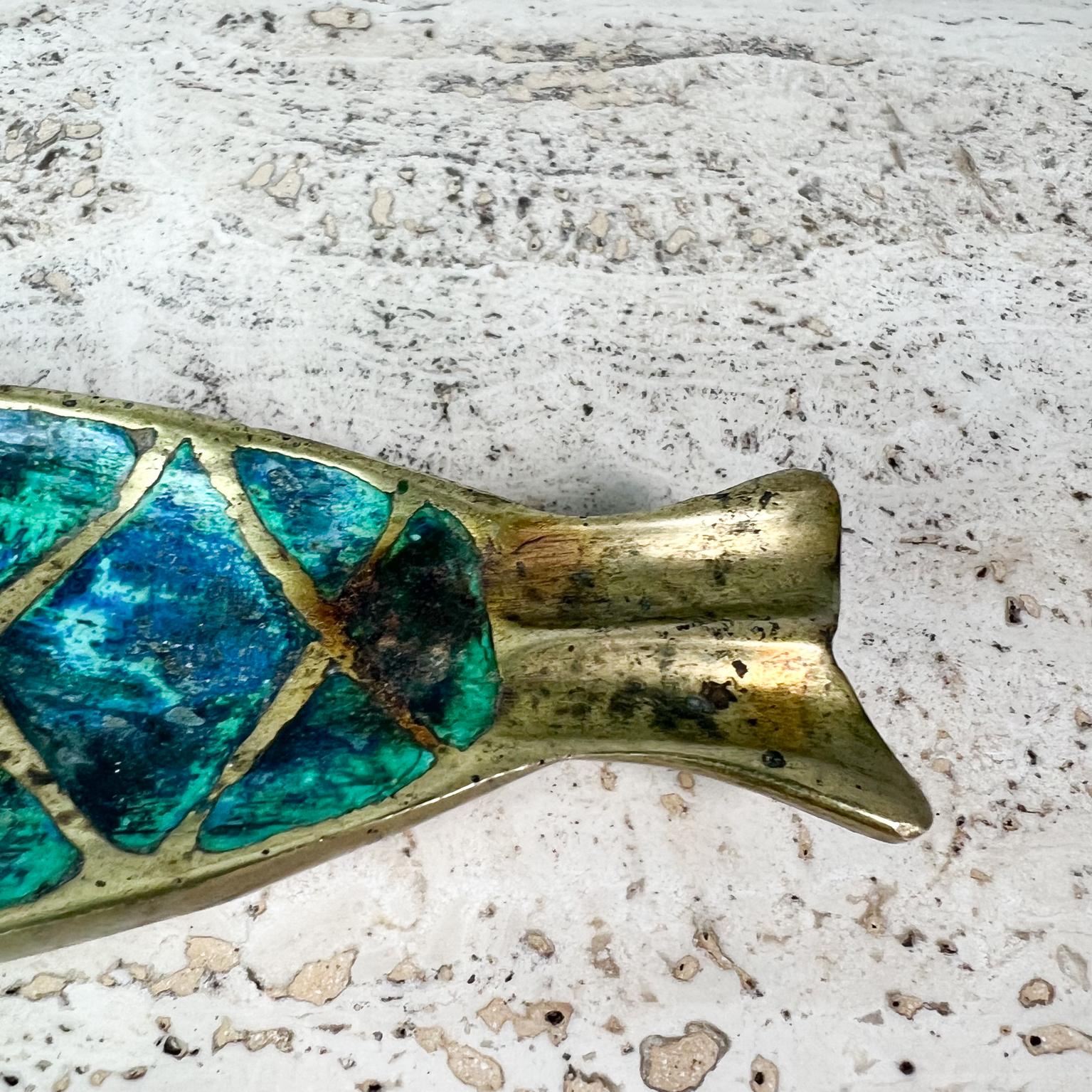 1958 Fish Ashtray in Brass & Malachite Pepe Mendoza Mexico 2
