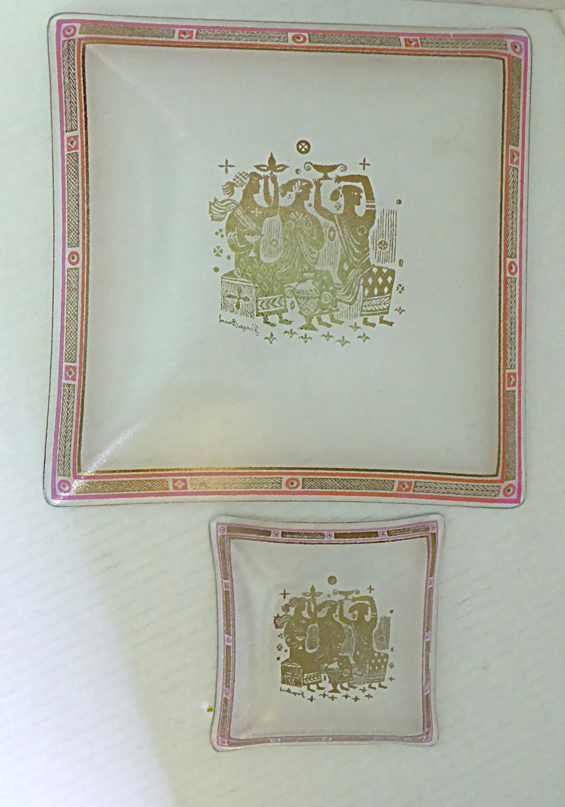 Mid Century Modern two pieces of Georges Briard designed OLYMPIA pattern serving dishes with gold & plum/pink colors.  Rare pattern of a gold center design of 3 seating Greek muses each holding a different item and a border of geometric designs in