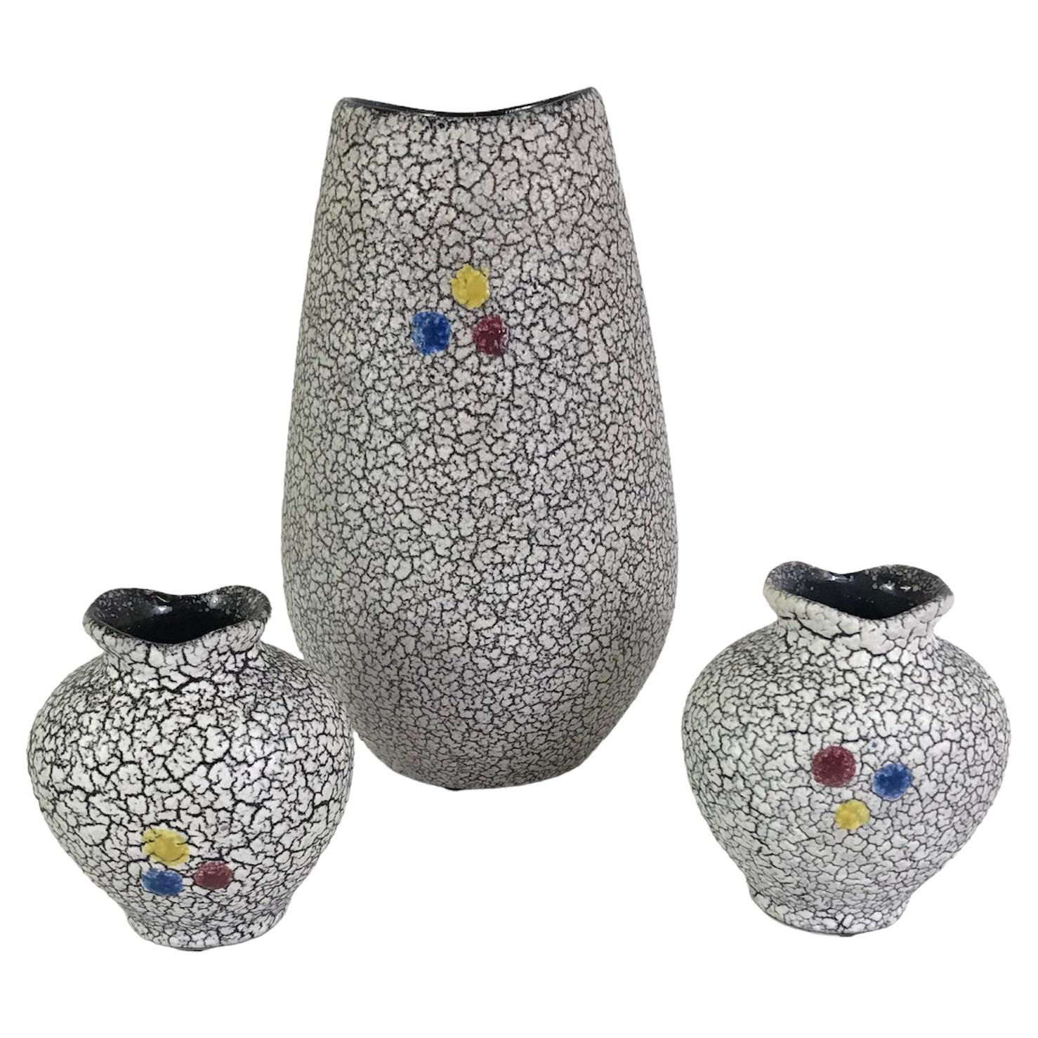 1958 Gruppe von 3 Jopeko Keramik Geknitterte Lava-Glasur Keramik Deutschland