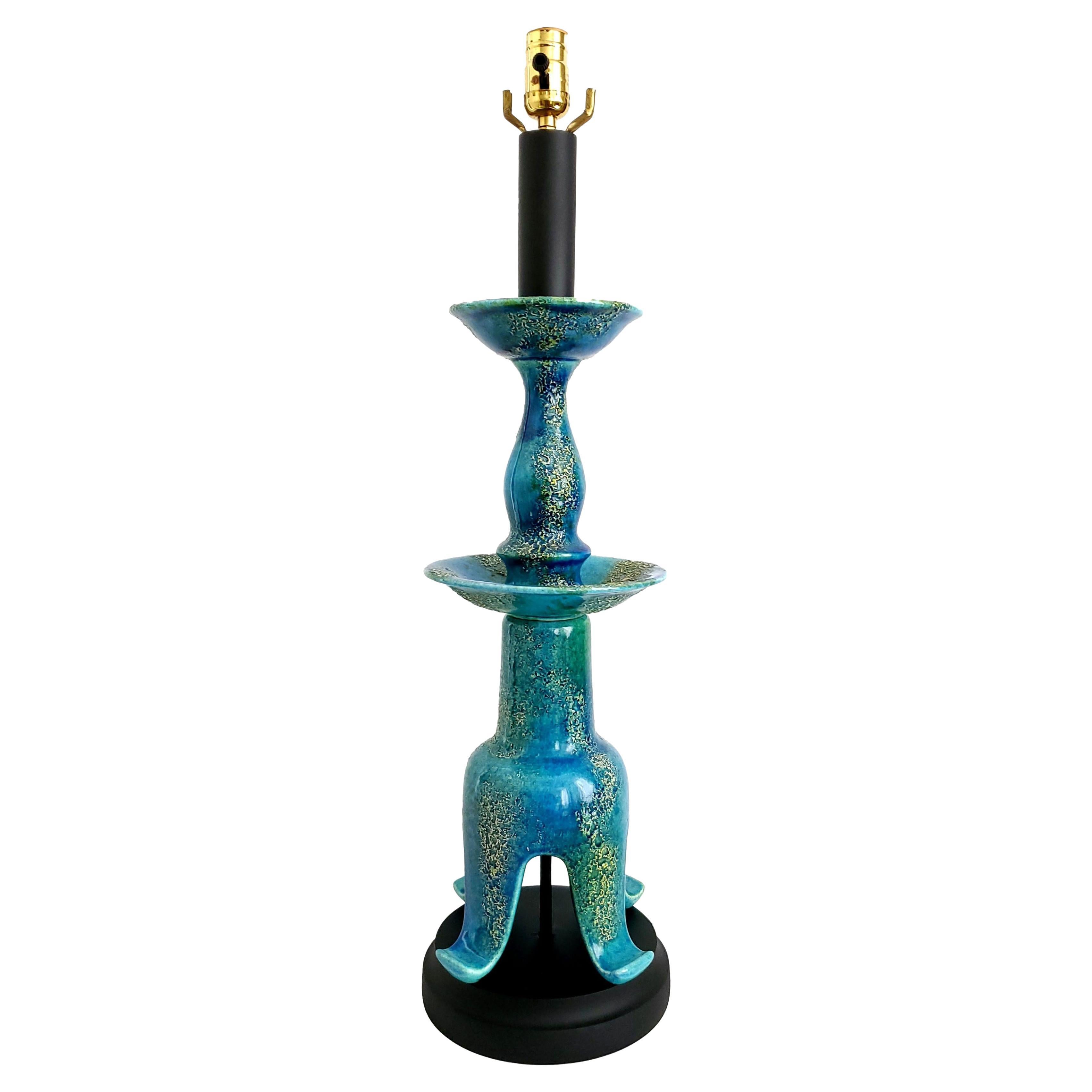 1958 Helmut Bruchman Turquoise Blue Etruscan Glaze Table Lamp by Haeger