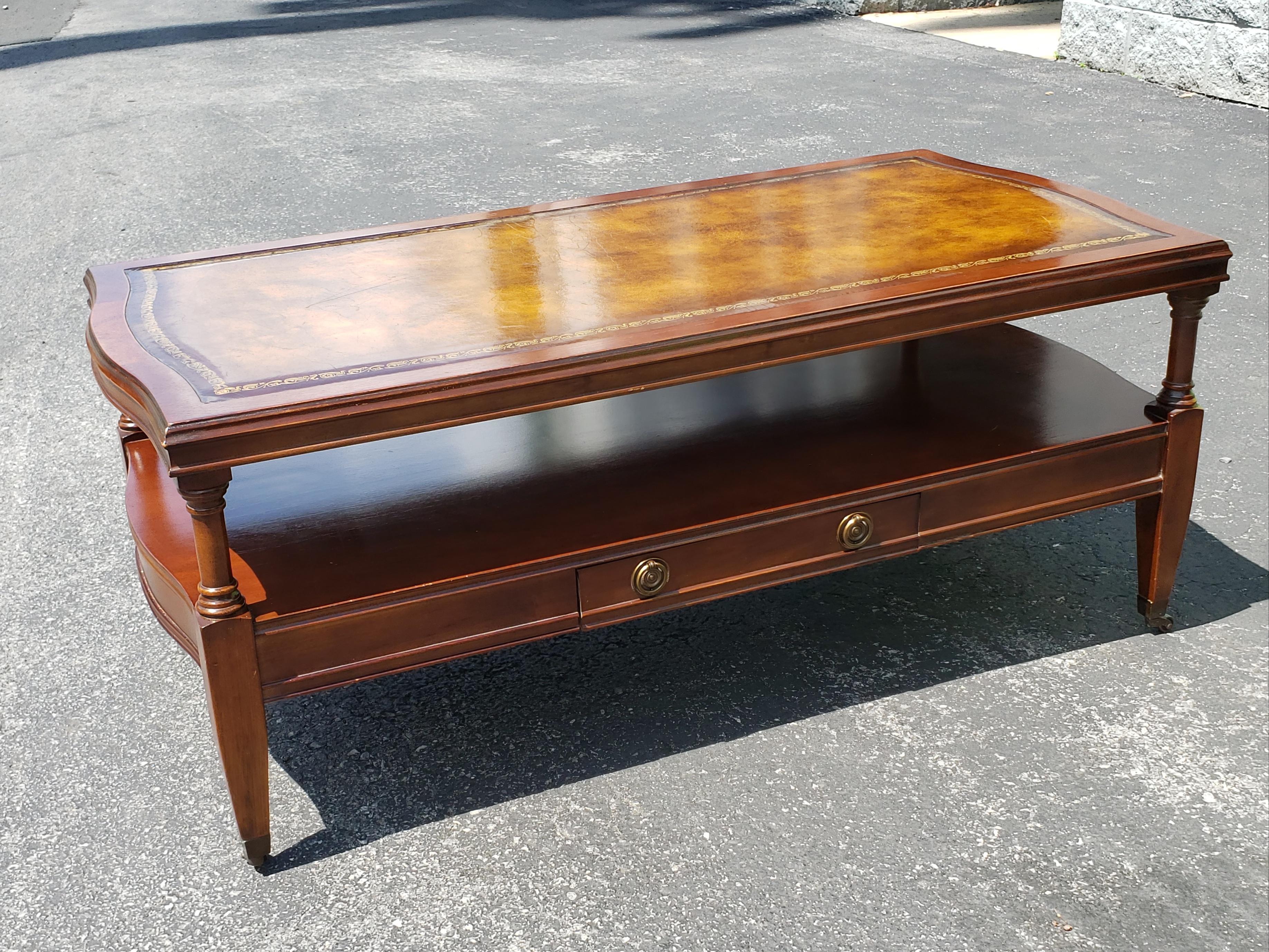 1958 Hollywood Regency Mahogany Inlay Tooled Leather Top and Gilt Stencil Tables For Sale 1