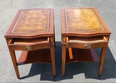 1958 Hollywood Regency Mahogany Inlay Tooled Leather Top and Gilt Stencil Tables