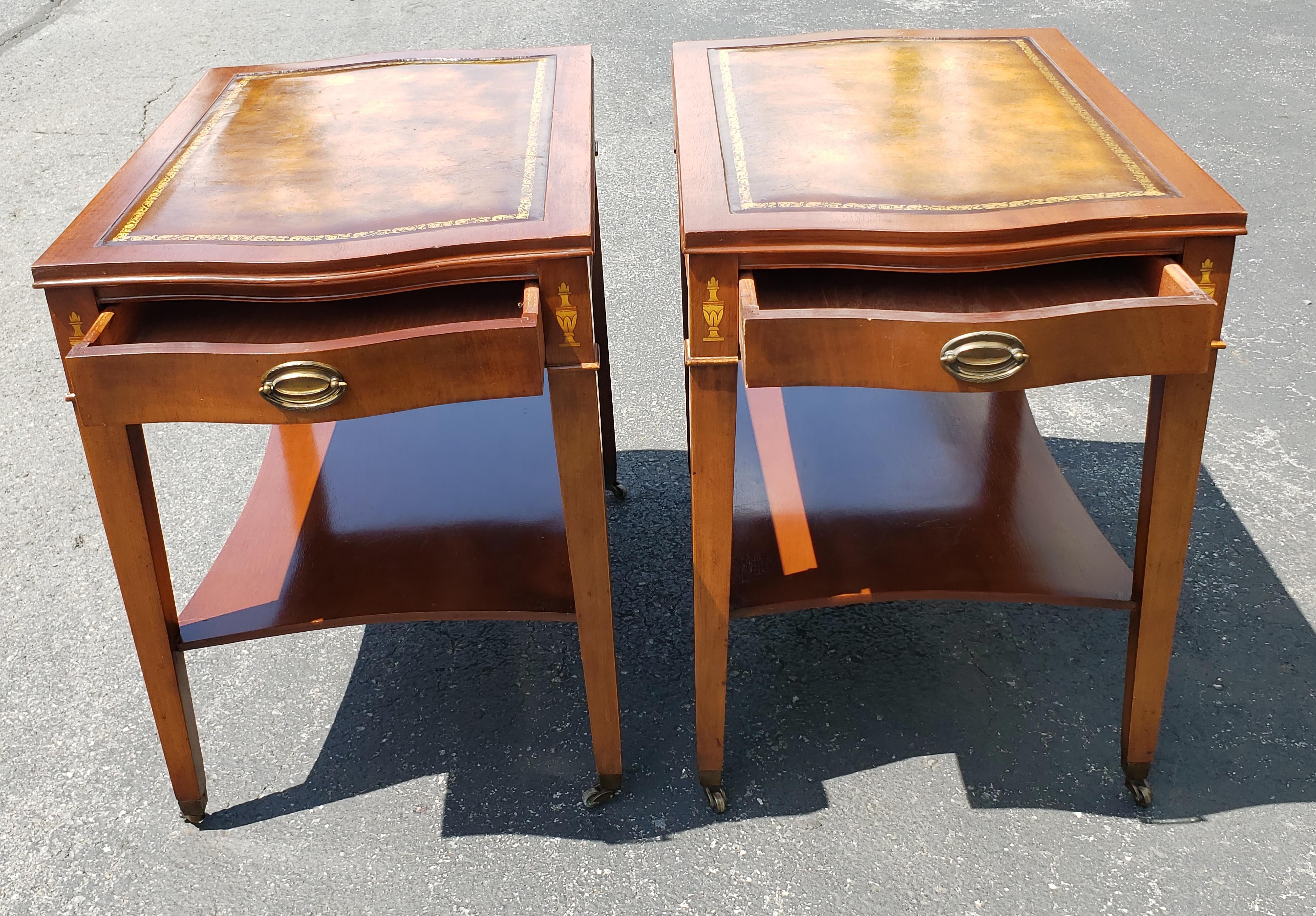 American 1958 Hollywood Regency Mahogany Inlay Tooled Leather Top and Gilt Stencil Tables For Sale