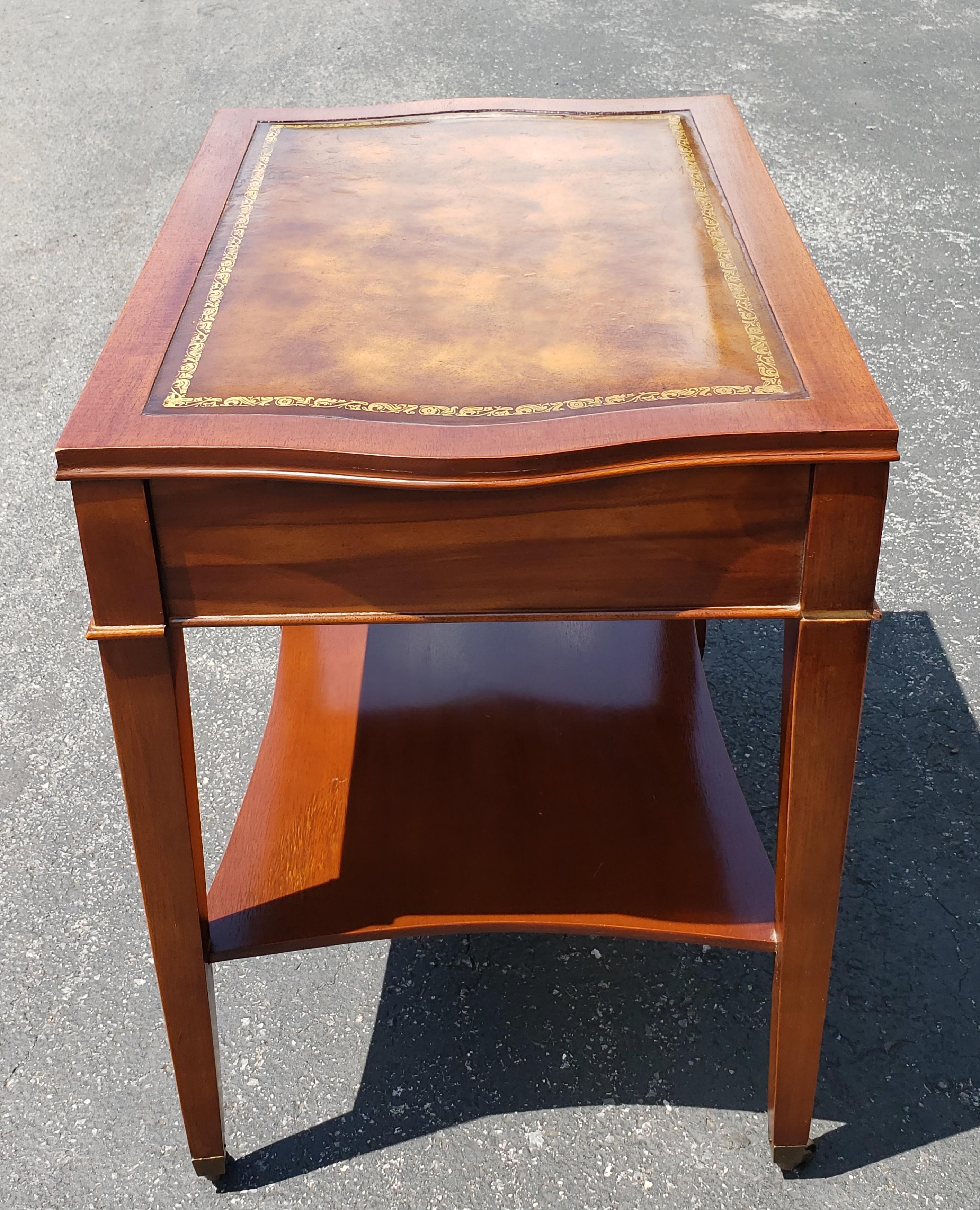1958 Hollywood Regency Mahogany Inlay Tooled Leather Top and Gilt Stencil Tables In Good Condition For Sale In Germantown, MD