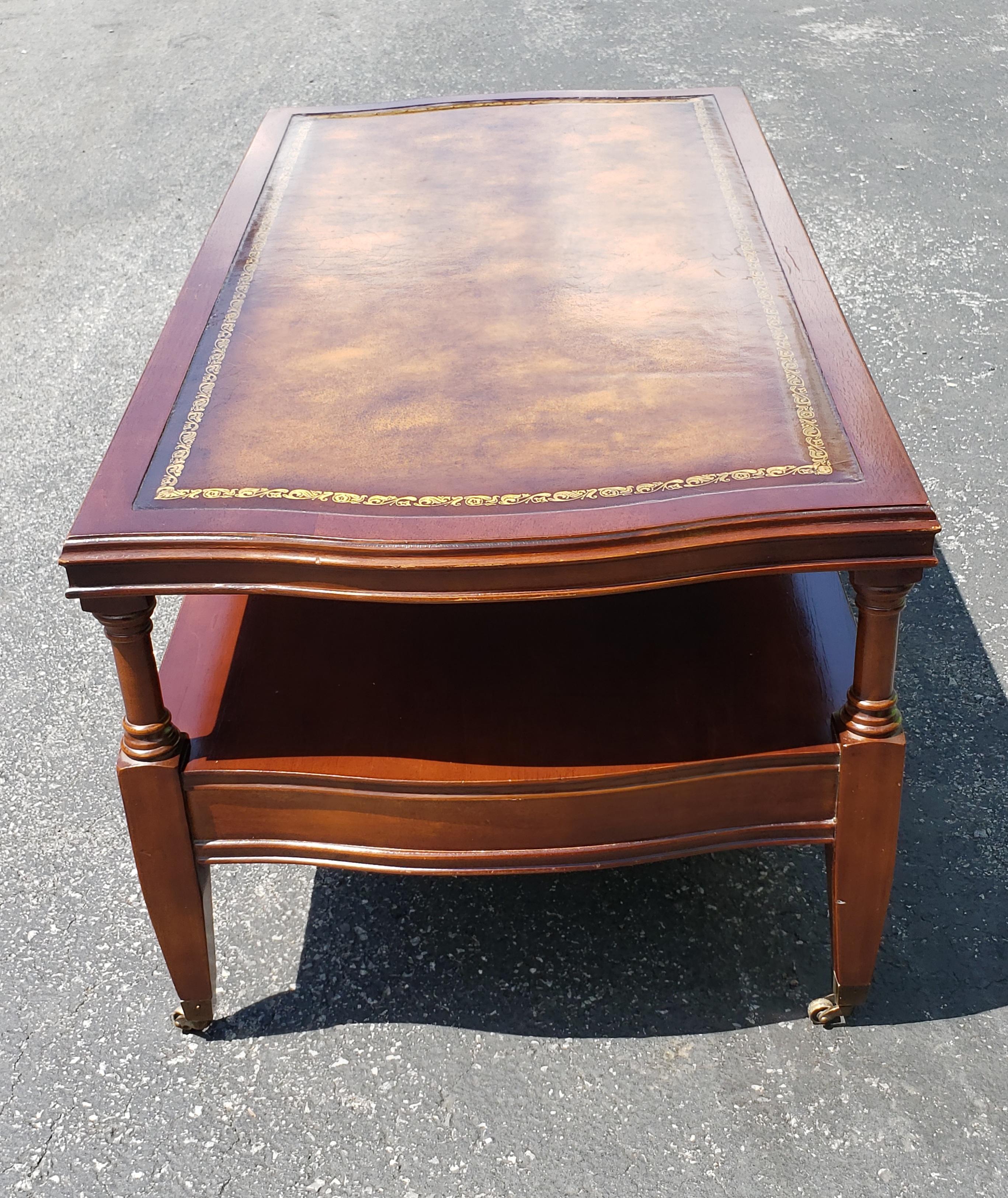 1958 Hollywood Regency Mahogany Tooled Leather Top and Gilt Stencil Coffee Table In Good Condition For Sale In Germantown, MD