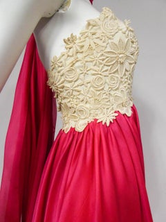 1958 Jacques Griffe Haute Couture – cremefarbenes Kleid aus Guipure und fuchsiafarbenem Organza