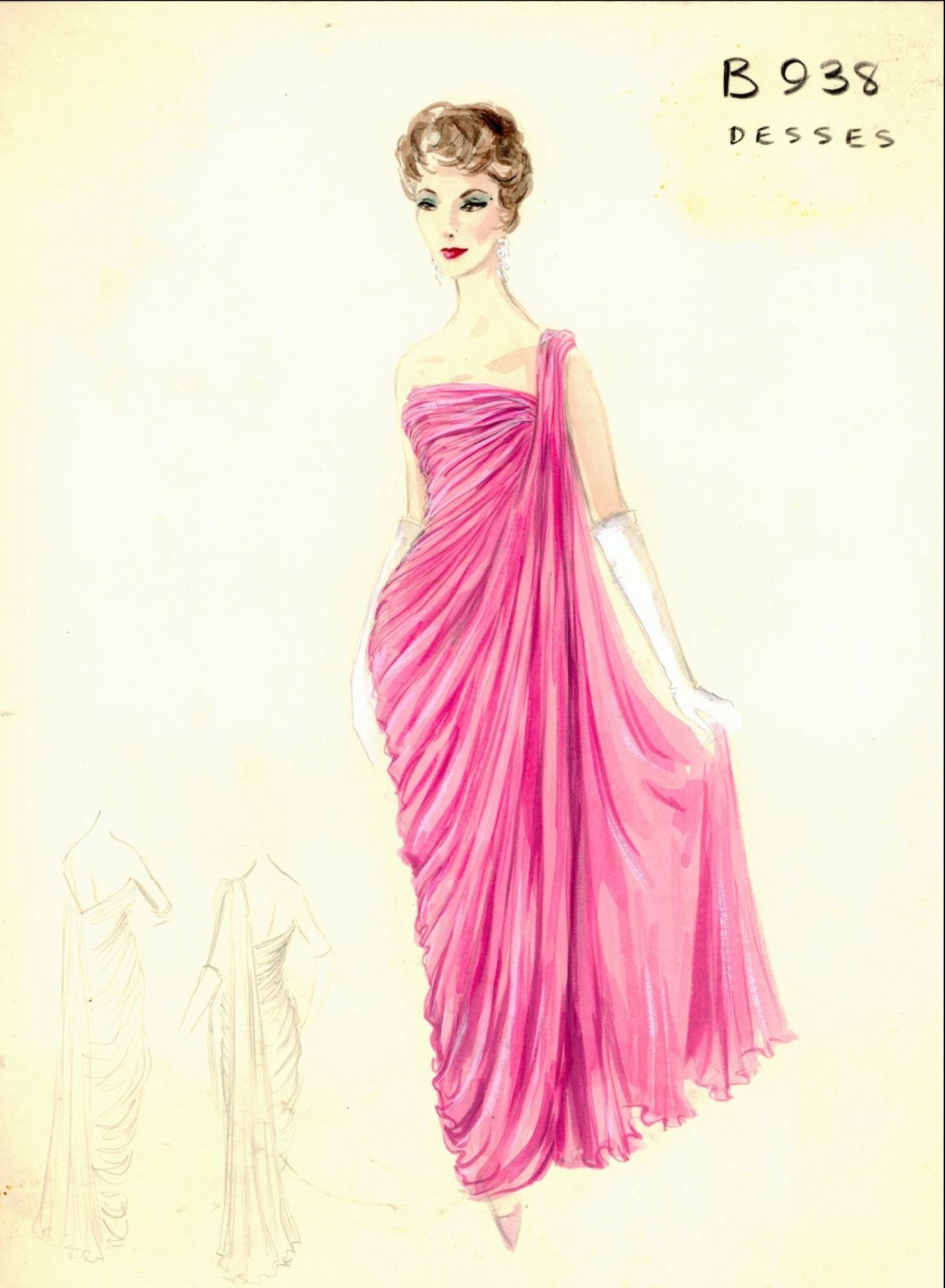 Ein absolut atemberaubendes, gut dokumentiertes, Jean Dessès zugeschriebenes, blassrosa gerüschtes Seiden-Chiffon-Göttinnenkleid aus seiner Frühjahr/Sommer-Kollektion von 1958. Dieses unglaubliche Kleid wurde bei Gandini verkauft, einem