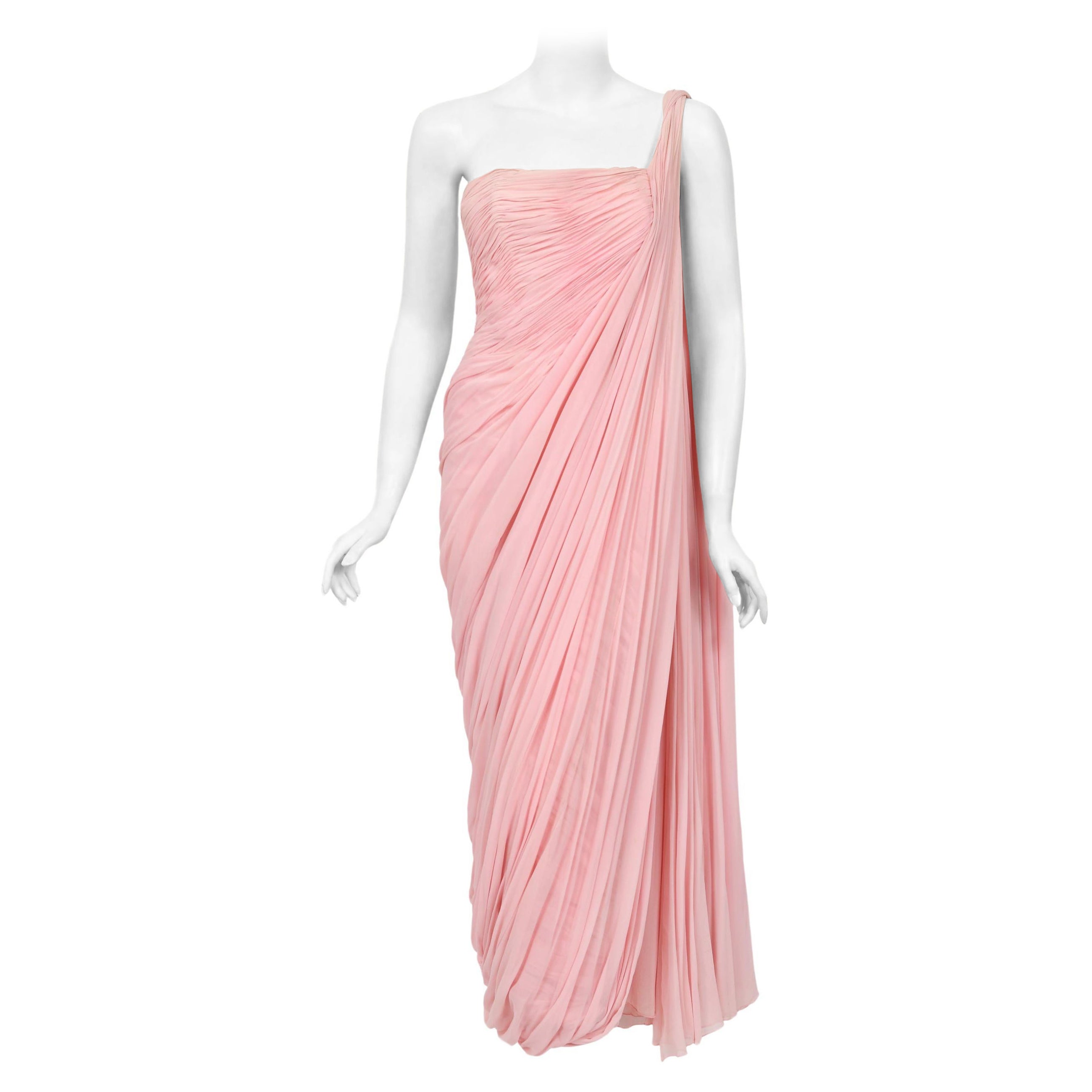 1958 Jean Dessès Haute Couture Documented Pink Ruched Silk Chiffon Goddess Gown For Sale