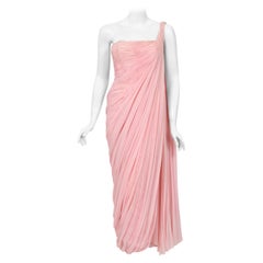 1958 Jean Dessès Haute Couture Documented Pink Ruched Silk Chiffon Goddess Gown