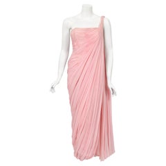 Retro 1958 Jean Dessès Haute Couture Documented Pink Ruched Silk Chiffon Goddess Gown