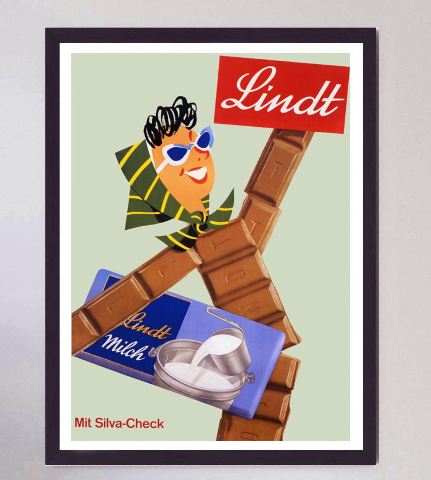 1958 Lindt Milk Chocolate Original Vintage Poster In Good Condition For Sale In Winchester, GB