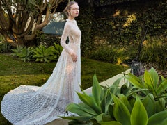 1958 Long Sleeve Button Front Collared Lace Wedding Gown with Train