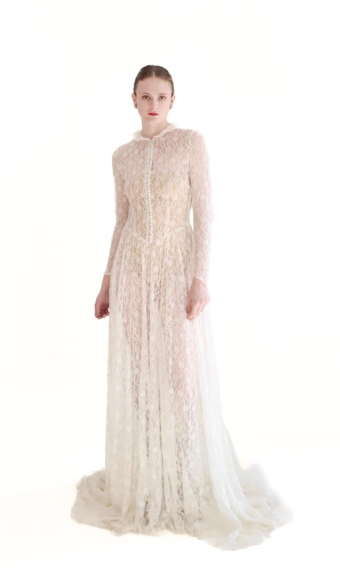 Beige 1958 Long Sleeve Button Front Collared Lace Wedding Gown with Train For Sale