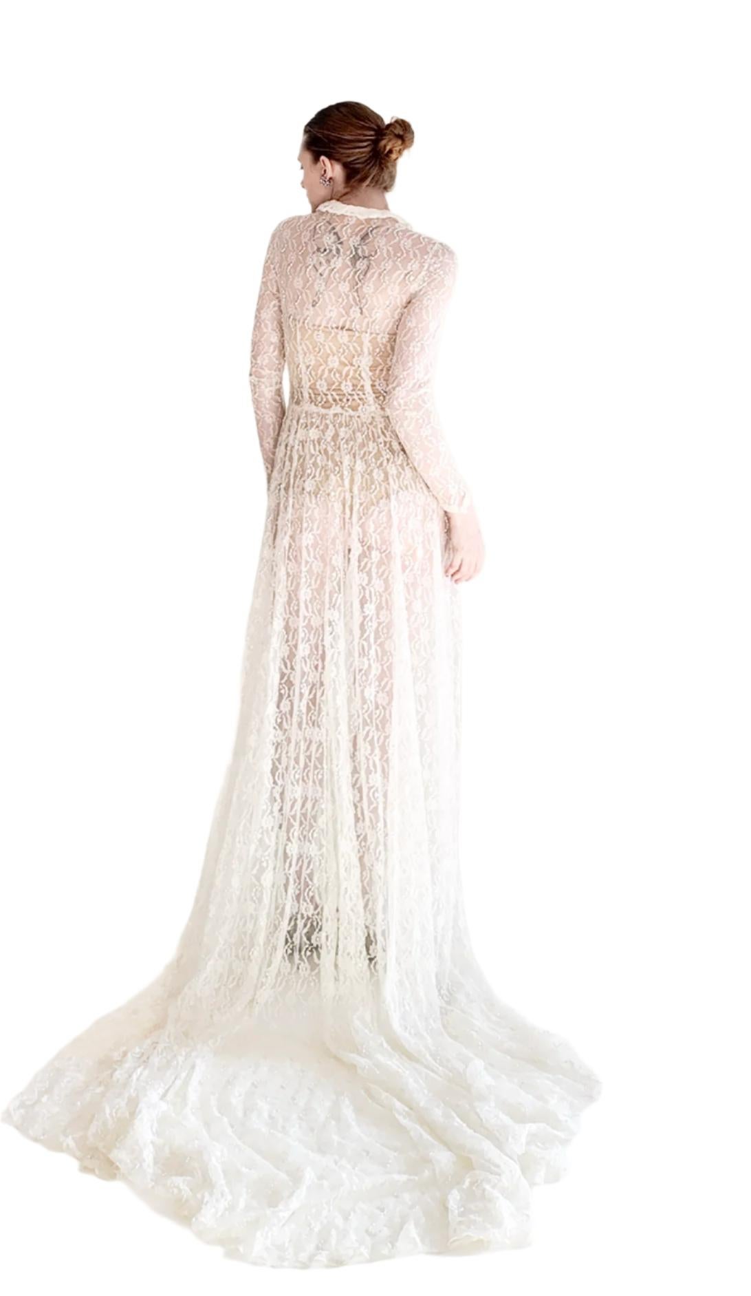 1958 Long Sleeve Button Front Collared Lace Wedding Gown with Train For Sale 1