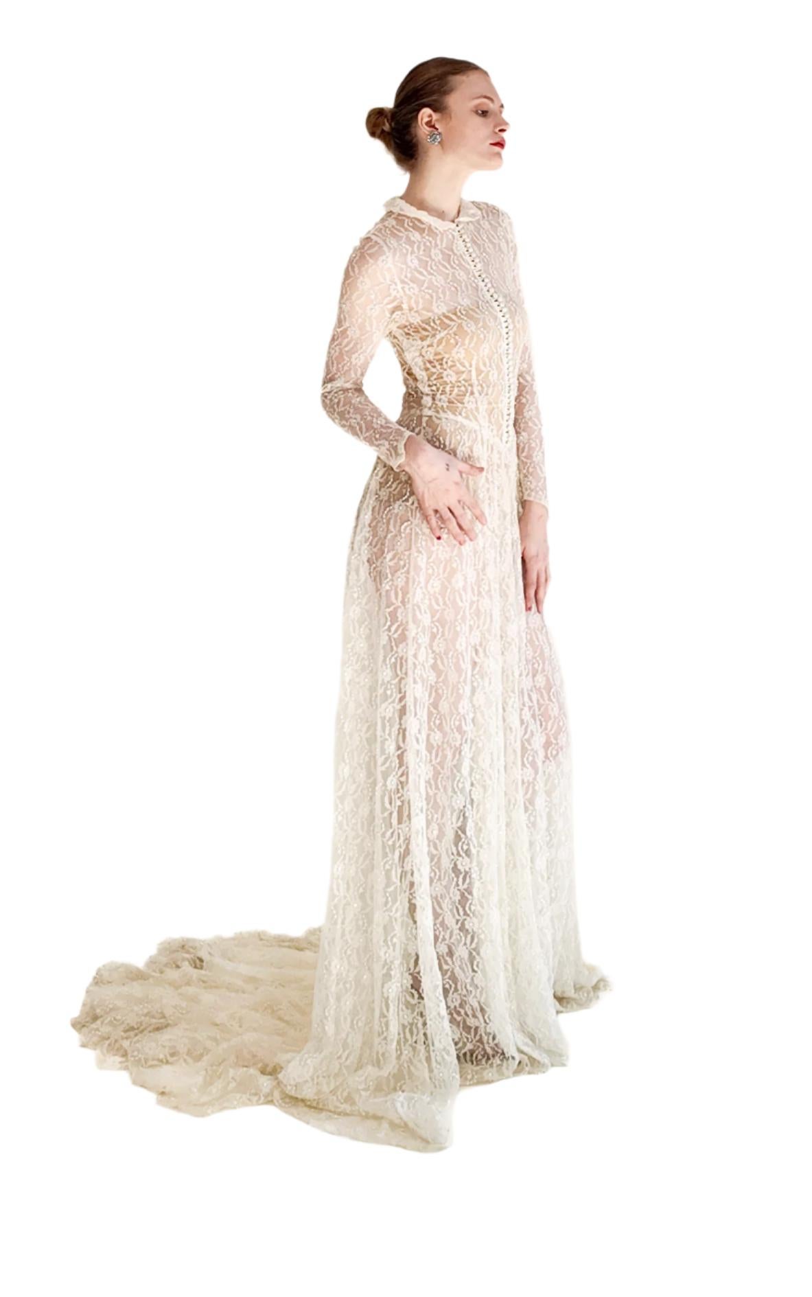 1958 Long Sleeve Button Front Collared Lace Wedding Gown with Train For Sale 2