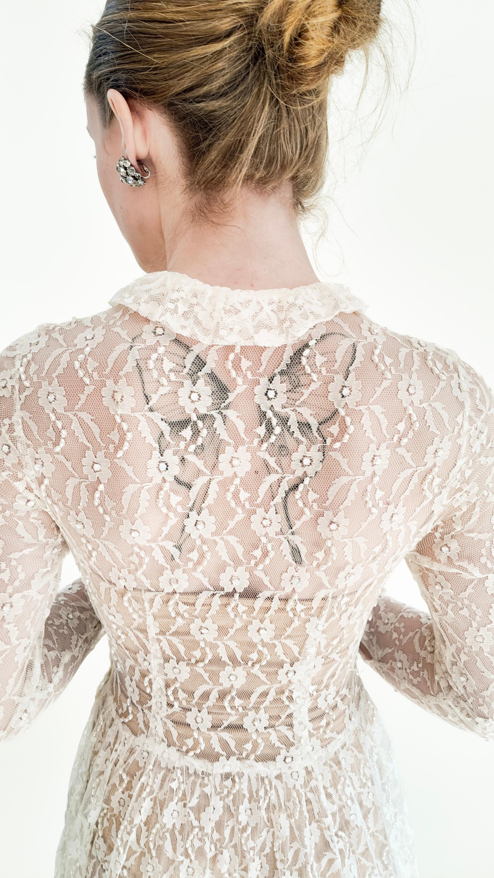 1958 Long Sleeve Button Front Collared Lace Wedding Gown with Train For Sale 3