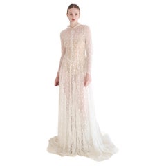 1958 Long Sleeve Button Front Collared Lace Wedding Gown with Train