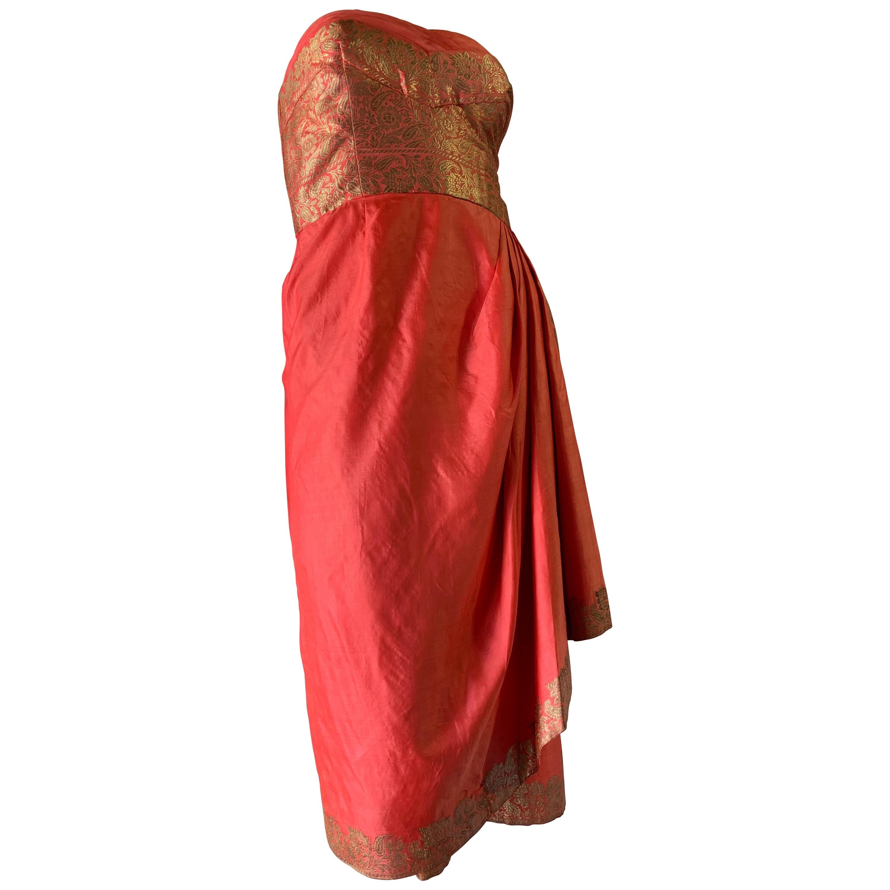 1958 Pauline Lake Coral Silk & Gold Lame Imported Fabric Strapless Sarong  For Sale