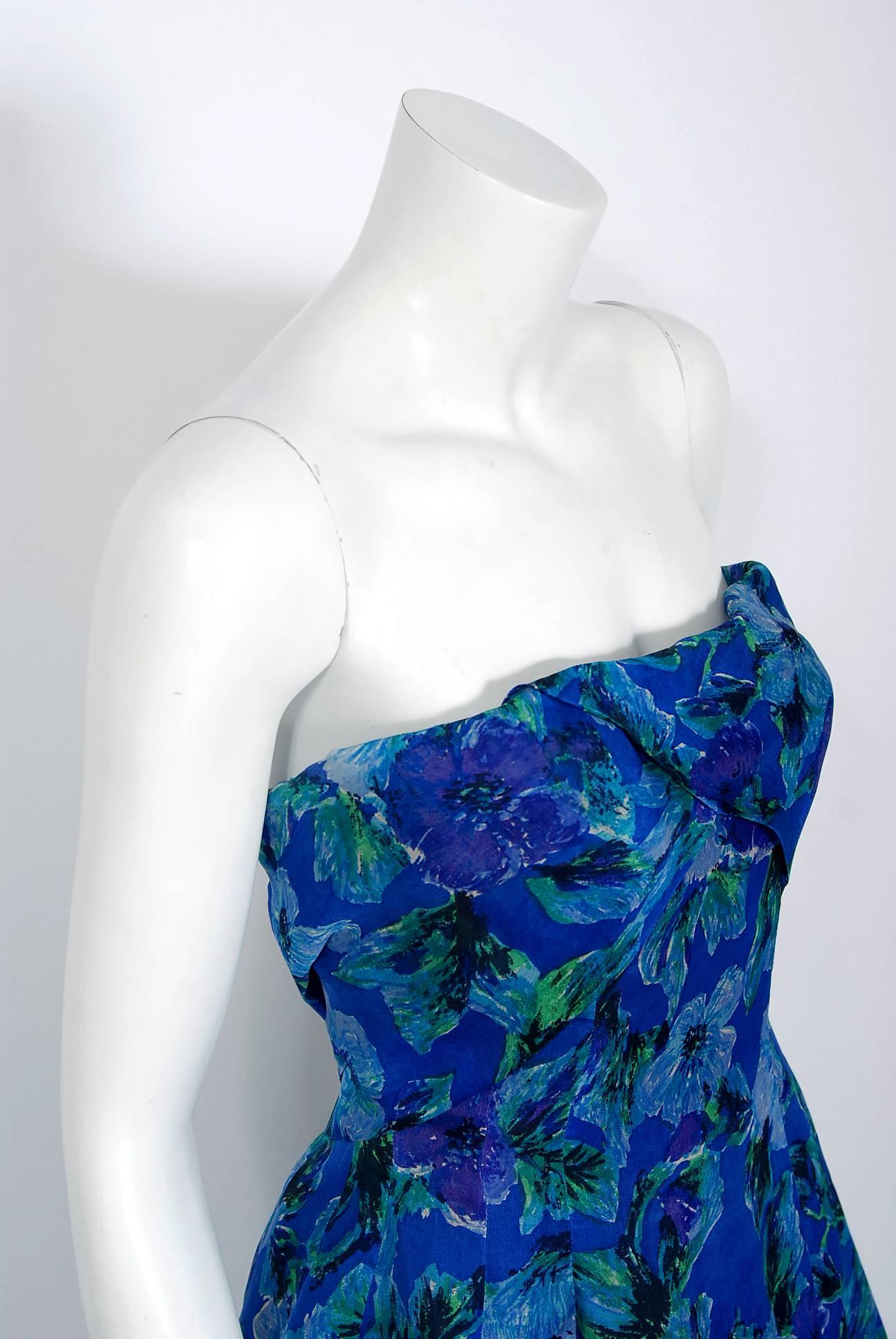 Breathtaking Pierre Balmain watercolor blue floral garden dress dating back to his 1958 collection. Pierre Balmain worked under Robert Pigiuet, Molyneux, and Lucian Lelong, where he worked closely with Christian Dior. In 1945 he finally opened his