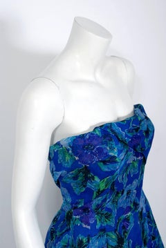 1958 Pierre Balmain Haute-Couture Blue Floral Silk Organdy Strapless Full Dress