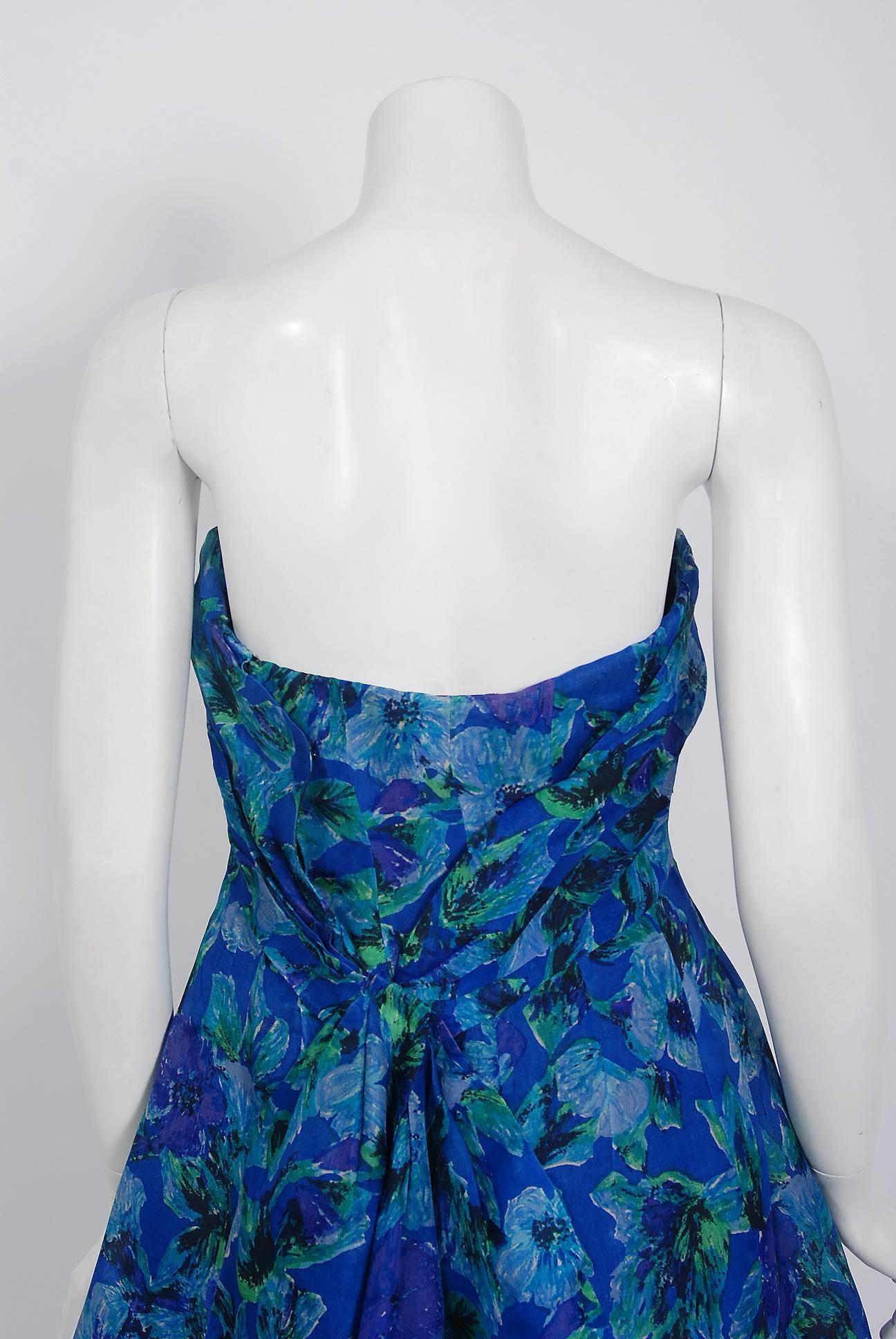 Women's 1958 Pierre Balmain Haute-Couture Blue Floral Silk Organdy Strapless Full Dress 
