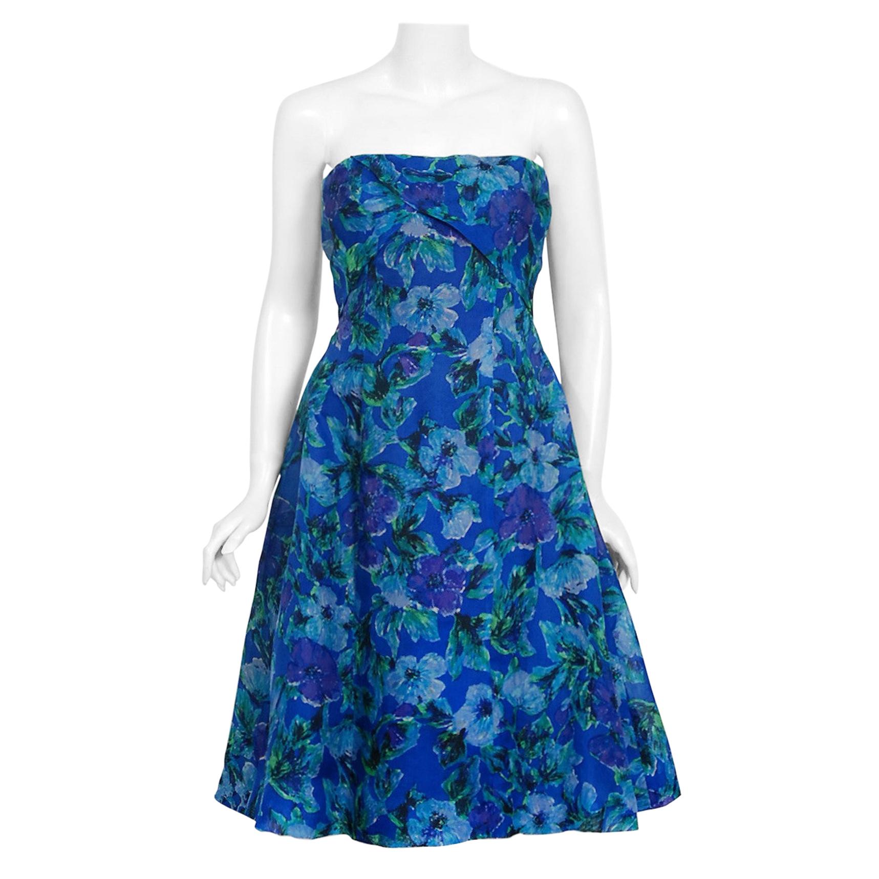 1958 Pierre Balmain Haute-Couture Blue Floral Silk Organdy Strapless Full Dress 