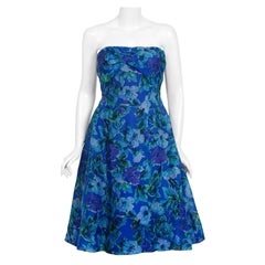 1958 Pierre Balmain Haute-Couture Blue Floral Silk Organdy Strapless Full Dress 