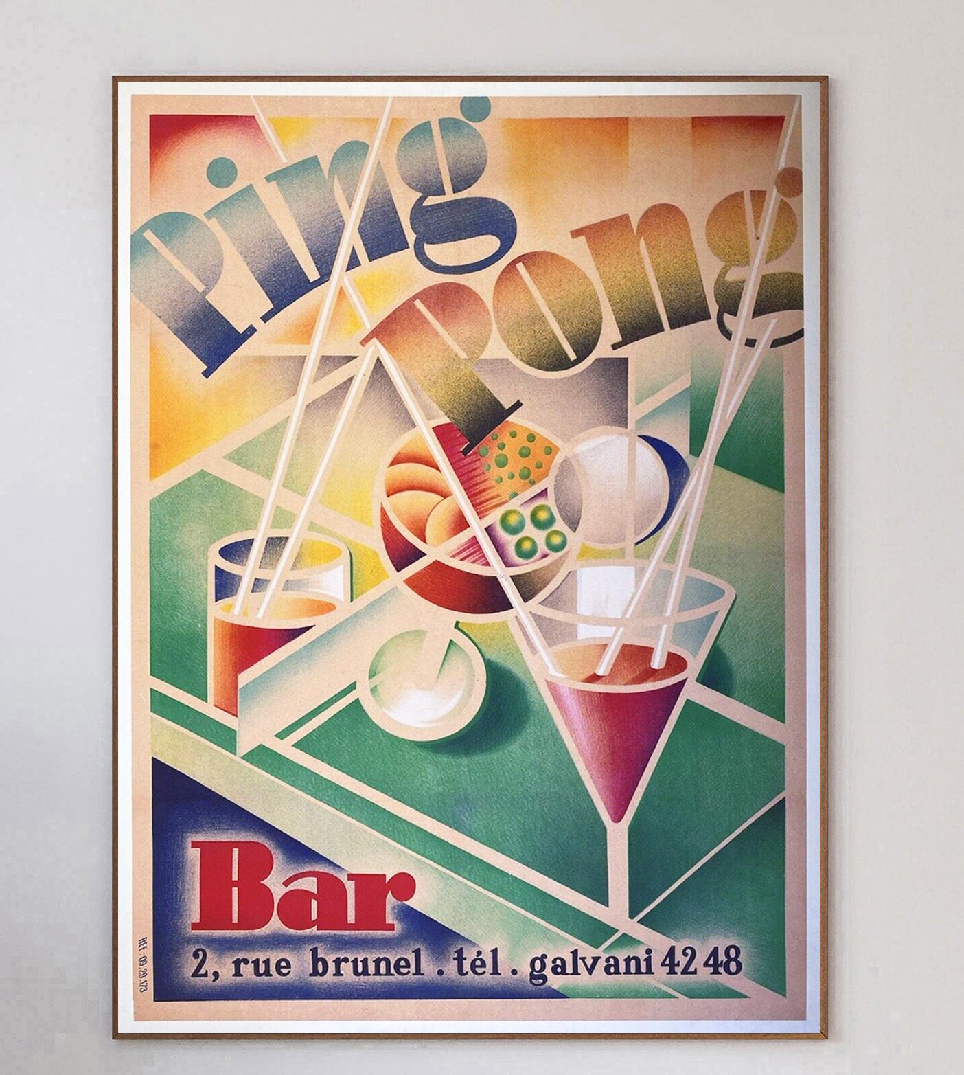 Colourful and vibrant poster for Ping Pong Bar on Rue Brunel in Paris, France. This Art Deco design was created in 1958 to advertise the bar and the brilliant design draws you in with colourful cocktails in various glasses.

This rare piece is in