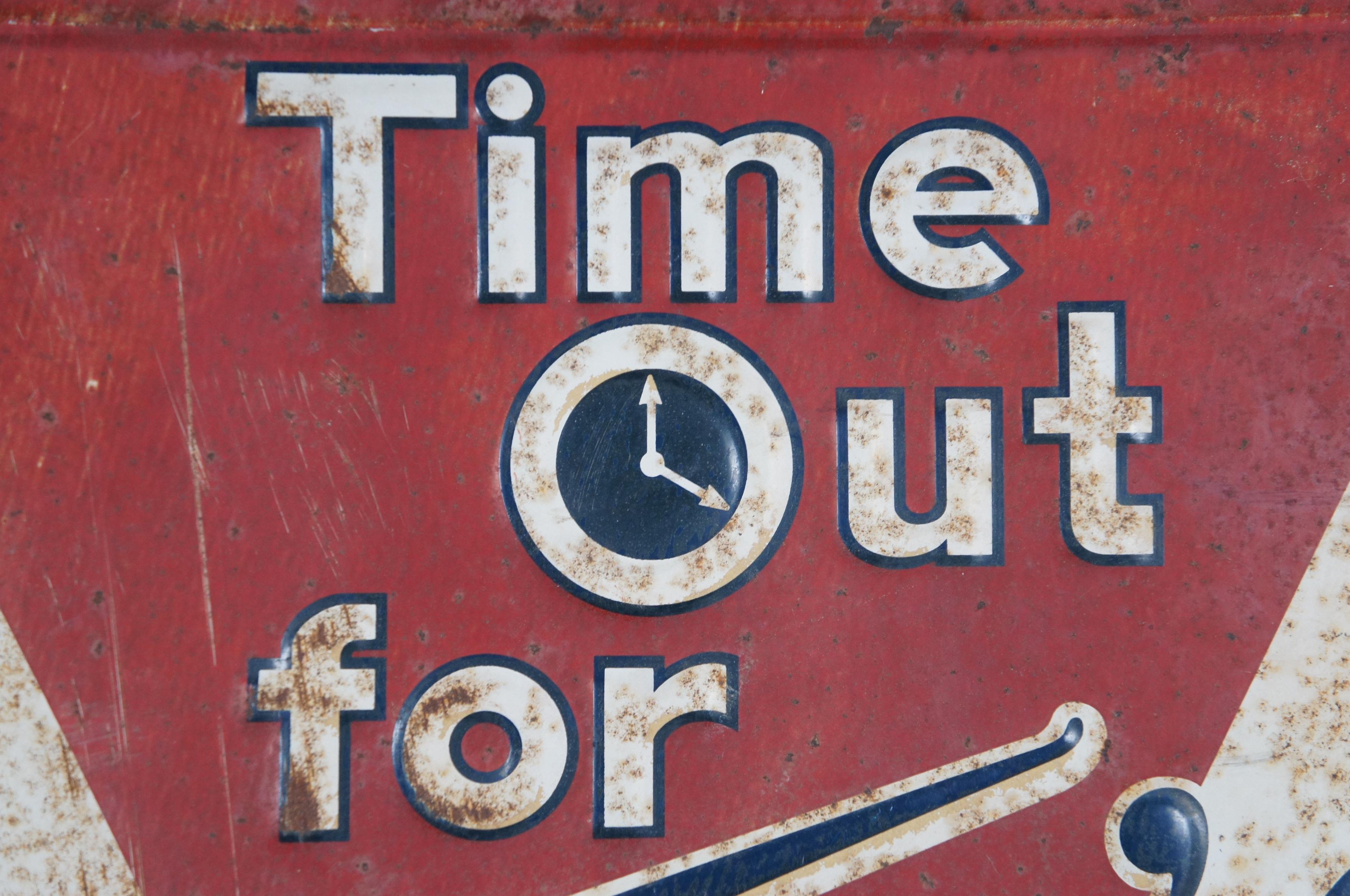 1958 Robertson Time Out for Toms Embossed Tin Snack Advertising Sign 30