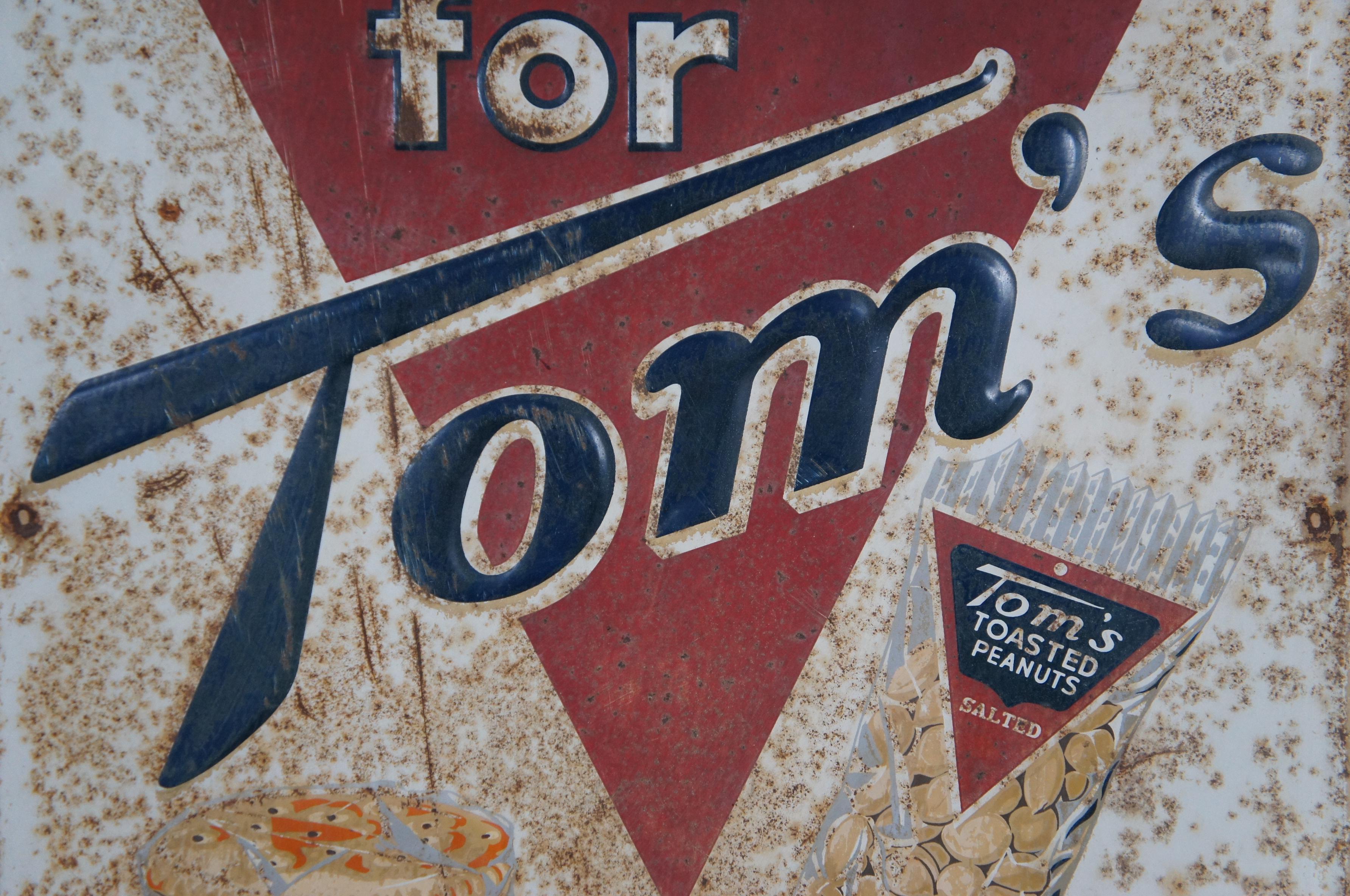1958 Robertson Time Out for Toms Embossed Tin Snack Advertising Sign 30