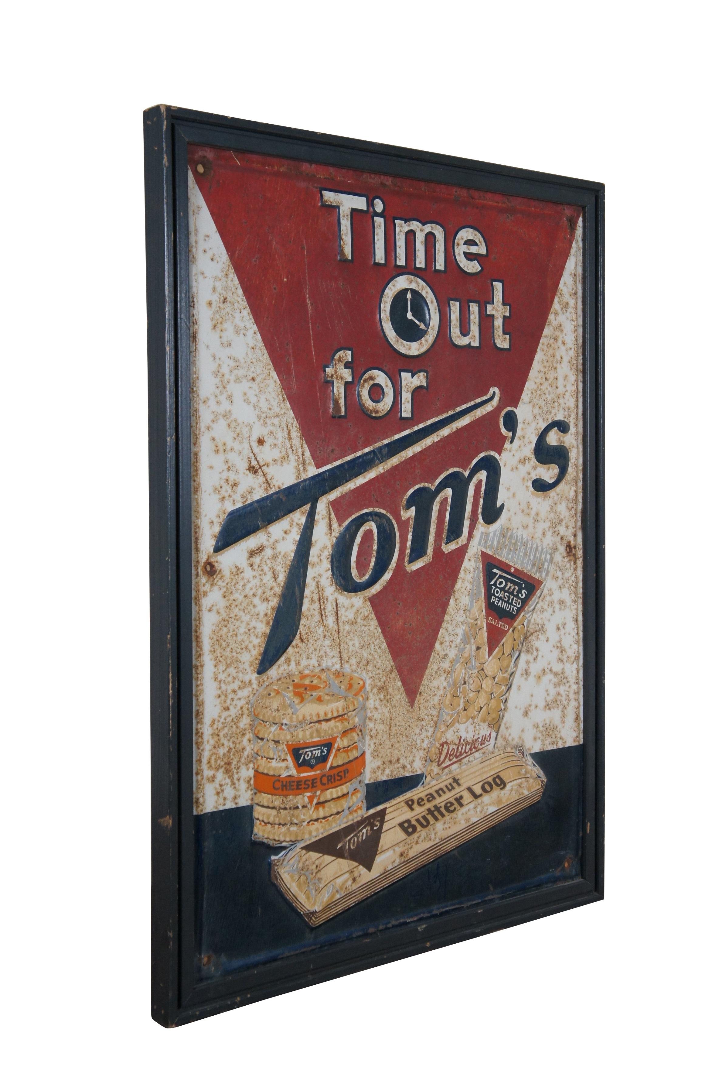 Mid-Century Modern 1958 Robertson Time Out for Toms Embossed Tin Snack Advertising Sign 30