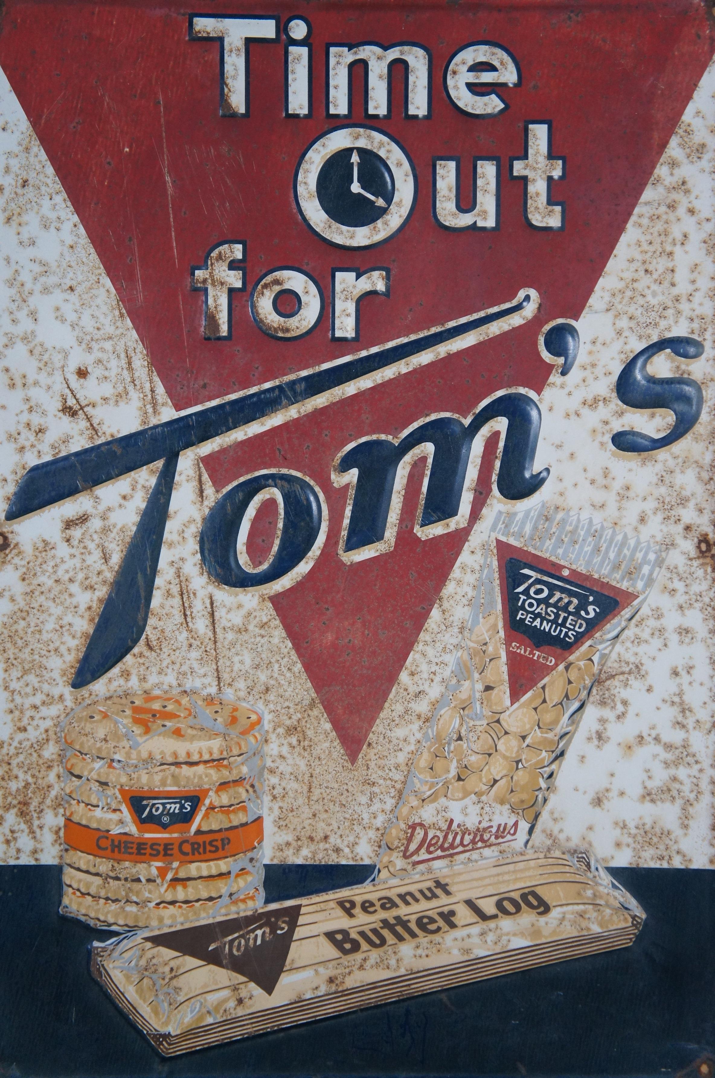 1958 Robertson Time Out for Toms Embossed Tin Snack Advertising Sign 30