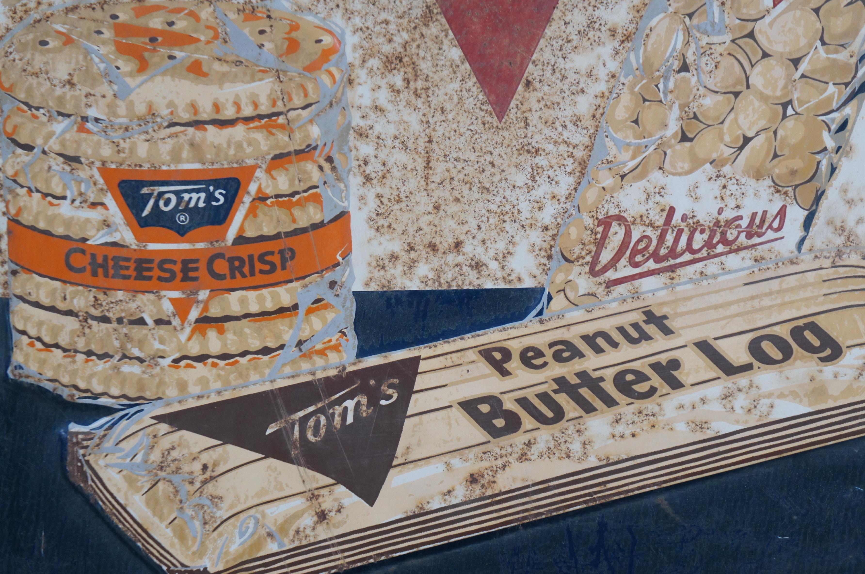 1958 Robertson Time Out for Toms Embossed Tin Snack Advertising Sign 30