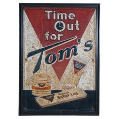 1958 Robertson Time Out for Toms Embossed Tin Snack Advertising Sign 30"
