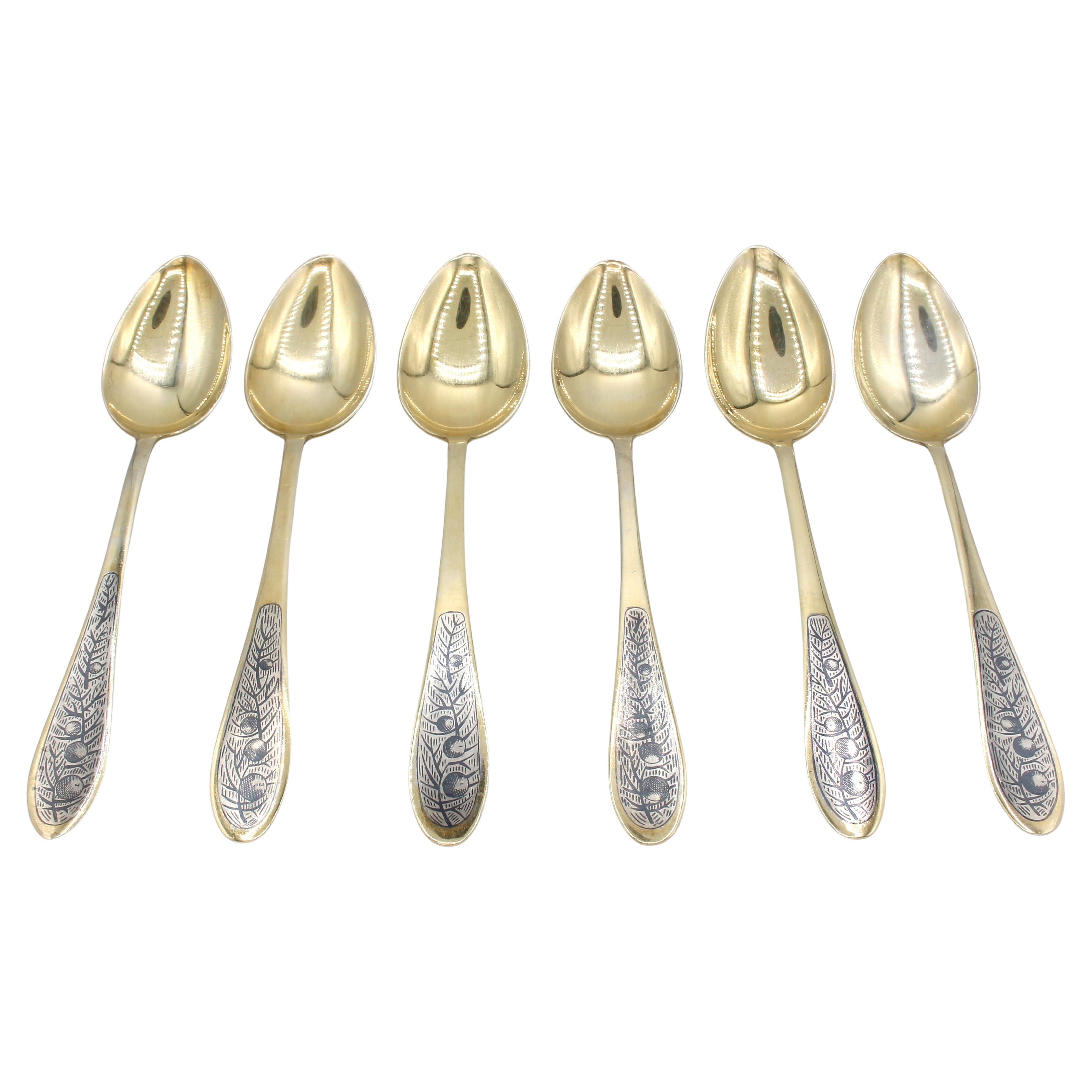 1958 Juego ruso de 6 cucharas de plata dorada Niello en venta