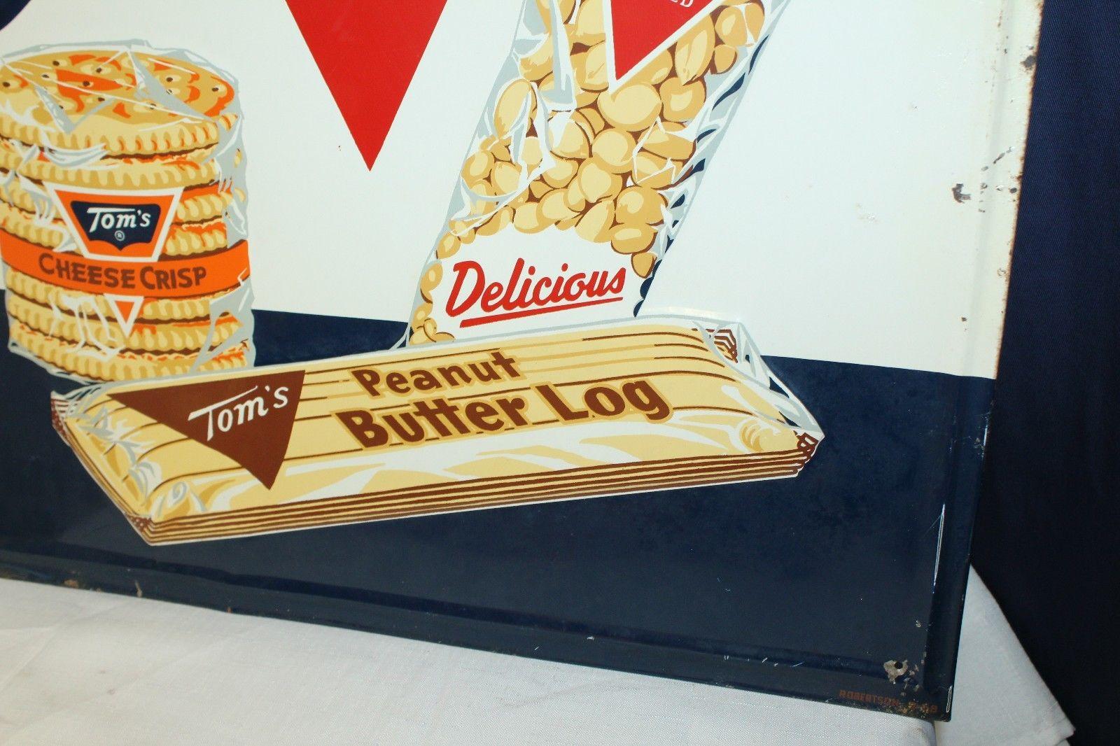 American 1958 Tom's Toasted Peanuts Embossed Tin Sign For Sale