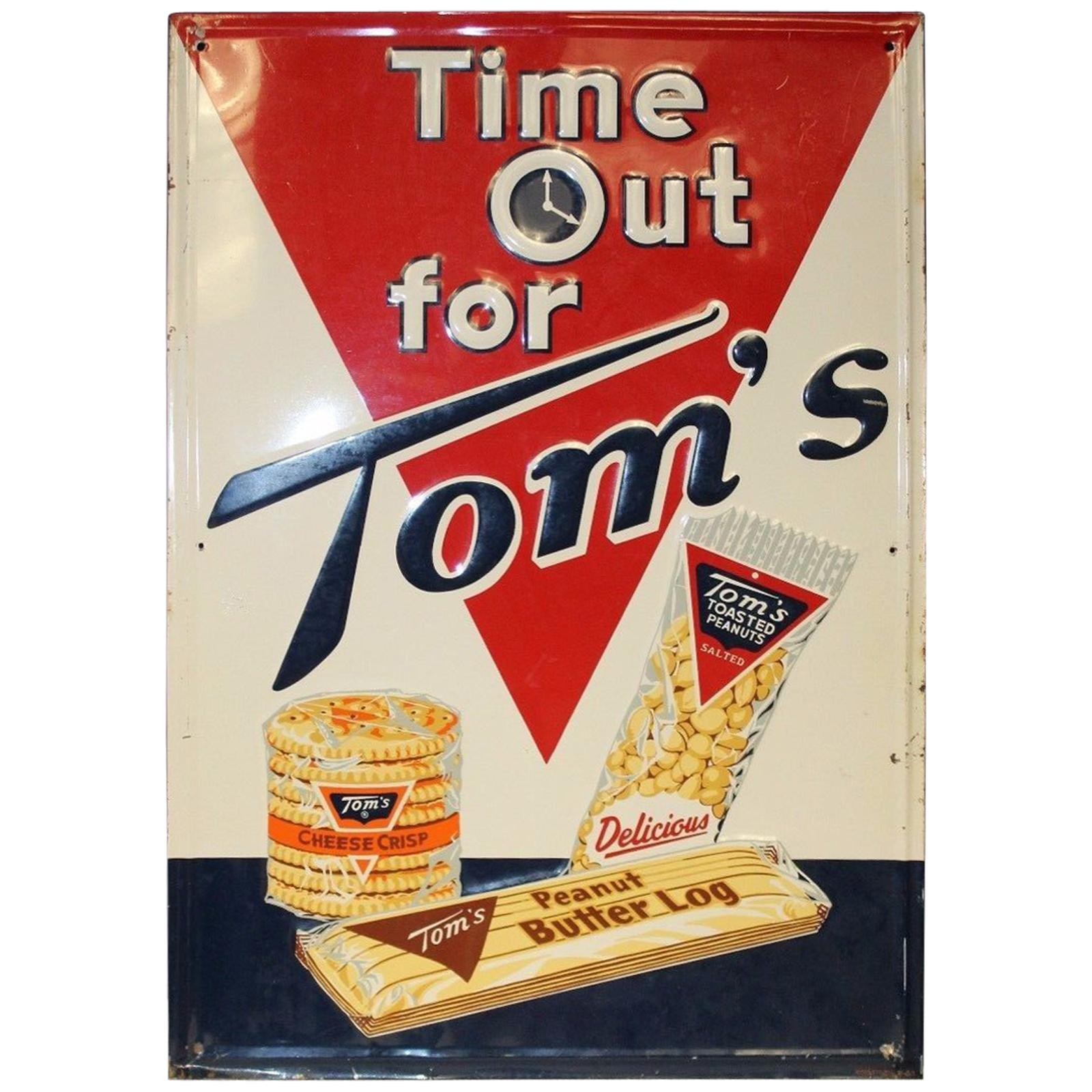 1958 Tom's Toasted Peanuts Embossed Tin Sign For Sale
