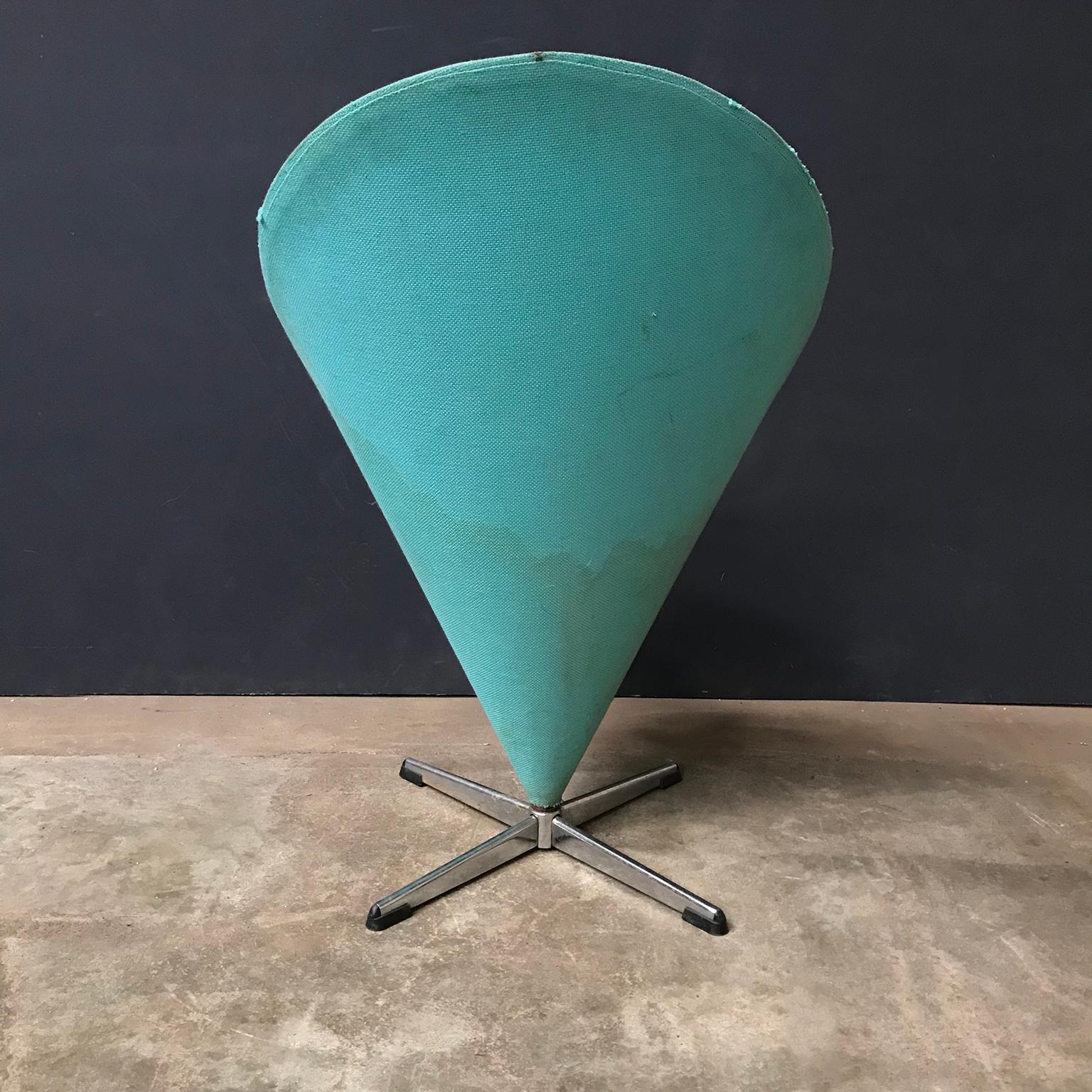 1958, Verner Panton for Rosenthal, Cone Chair in Original Turquoise Fabric In Fair Condition In Amsterdam IJMuiden, NL