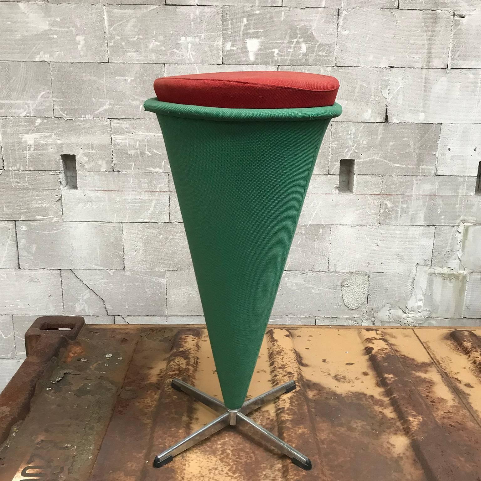 Iconic pretty rare high stool in original linen fabric. 

This cone stool is with traces of wear. 
The cone has some damage on some places.

There are more cone stools in other colors as well as cone chairs.
Foot is 53 cm

On request reupholstery is