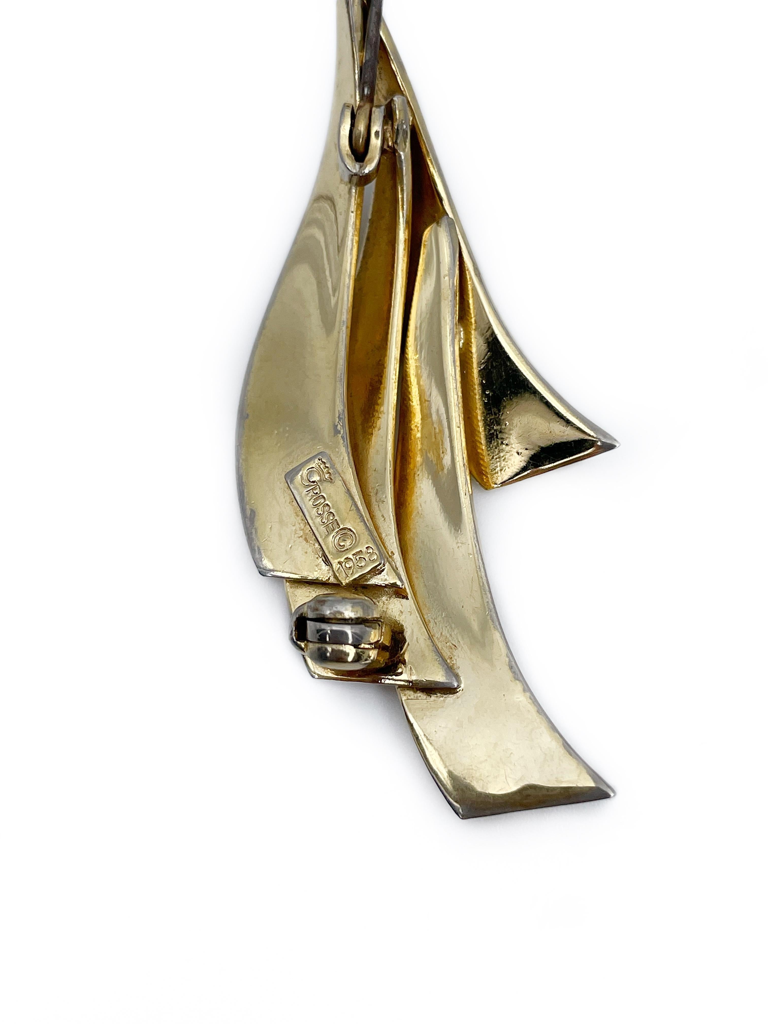 1958 Vintage Grosse Gold Tone Minimalistic Design Pin Brooch In Good Condition For Sale In Vilnius, Vilniaus apskr.