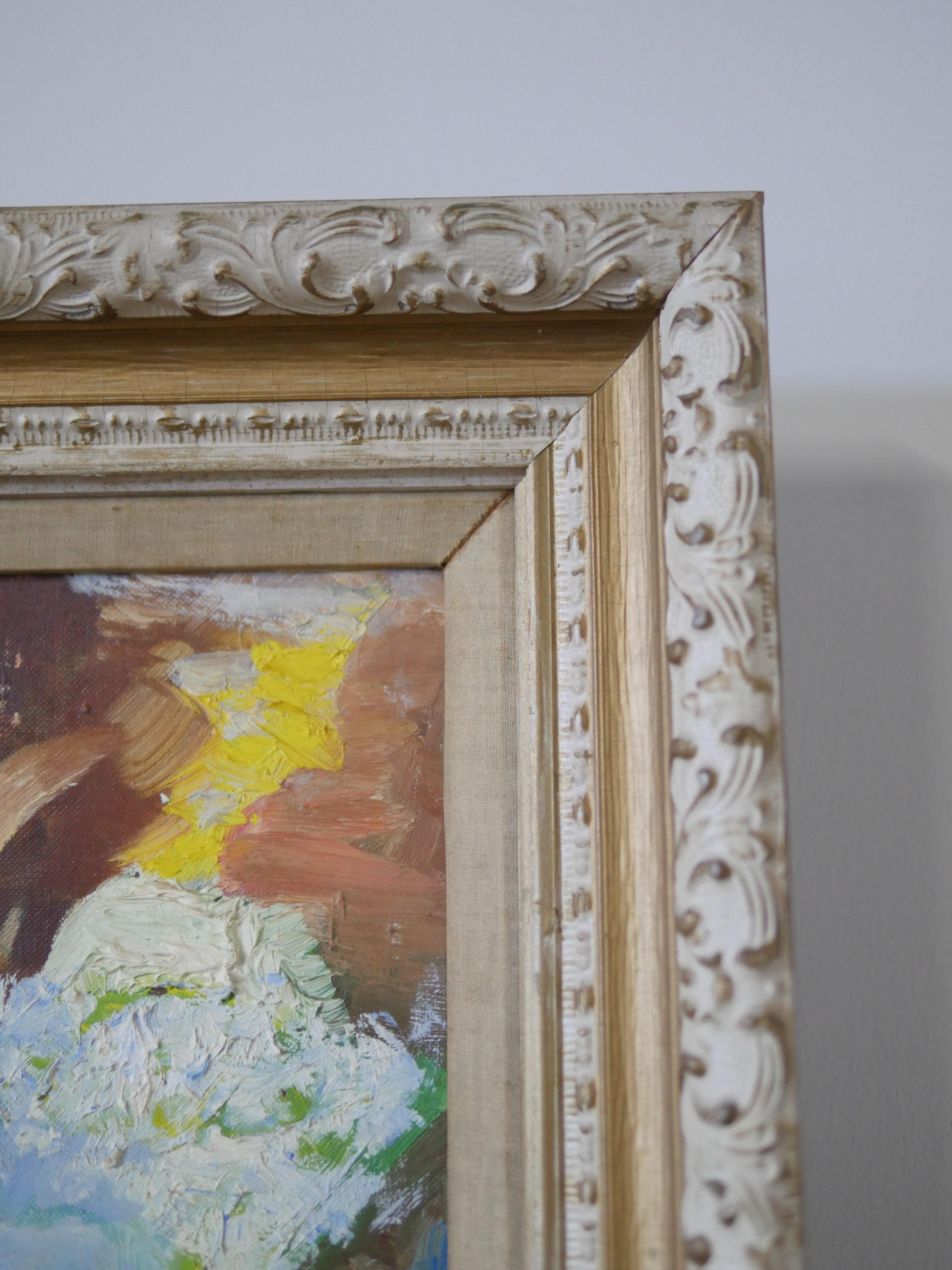 Mid-20th Century 1959 Abstract Still Life Floral Painting in Antique Frame For Sale